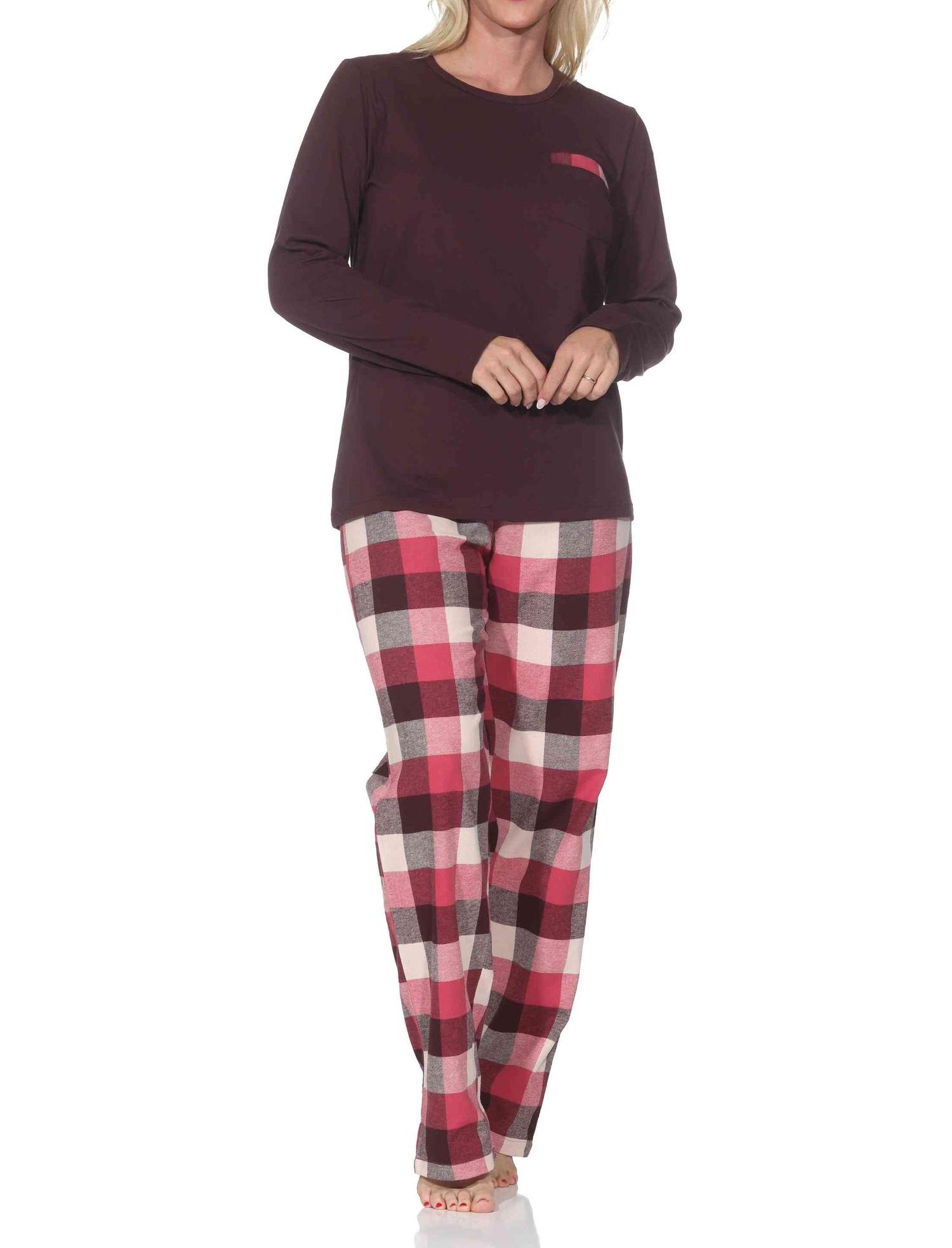 Normann Damen Schlafanzug lang Pyjama mit karierter Flanell Schlafhose