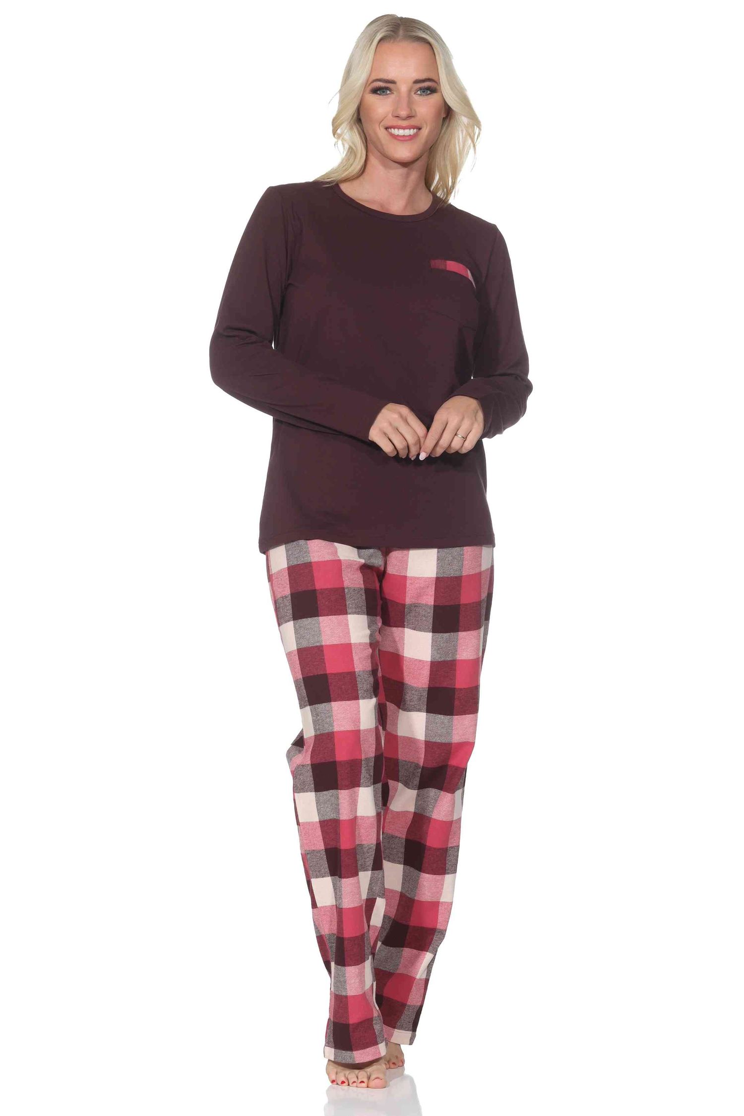 Normann Damen Schlafanzug lang Pyjama mit karierter Flanell Schlafhose Normann Damen Schlafanzug lang Pyjama mit karierter Flanell Schlafhose