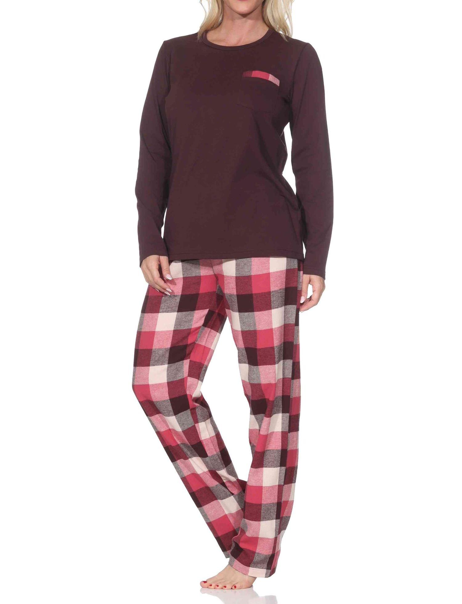 Normann Damen Schlafanzug lang Pyjama mit karierter Flanell Schlafhose