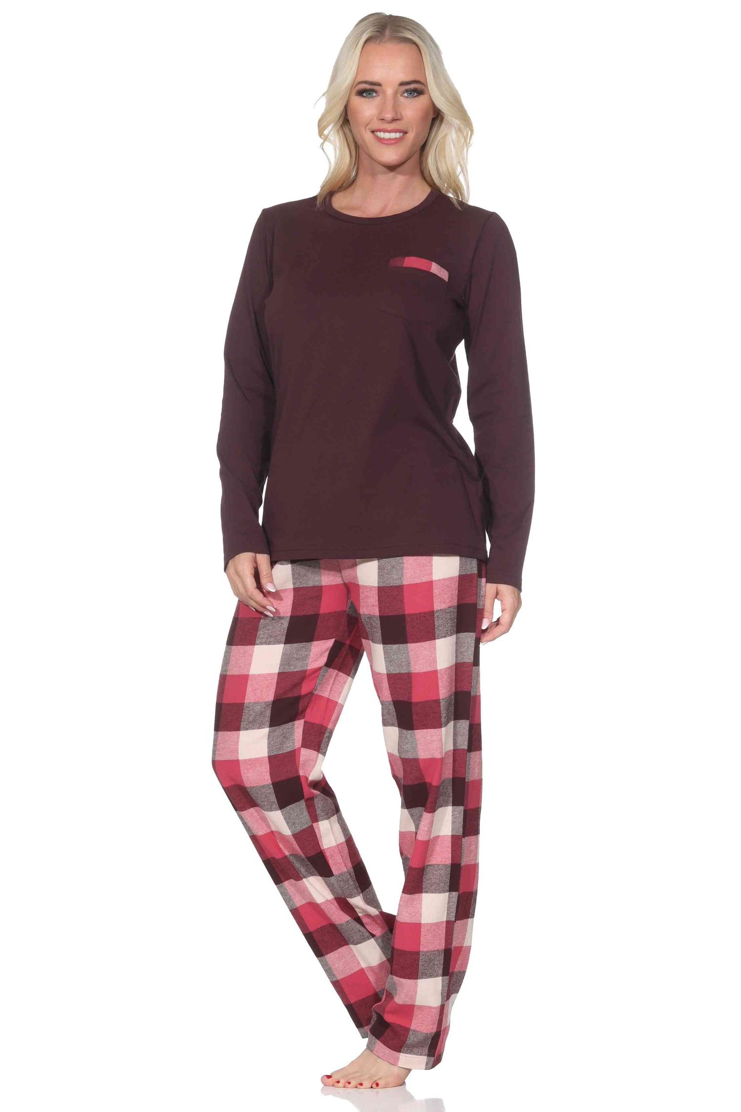 Normann Damen Schlafanzug lang Pyjama mit karierter Flanell Schlafhose Normann Damen Schlafanzug lang Pyjama mit karierter Flanell Schlafhose