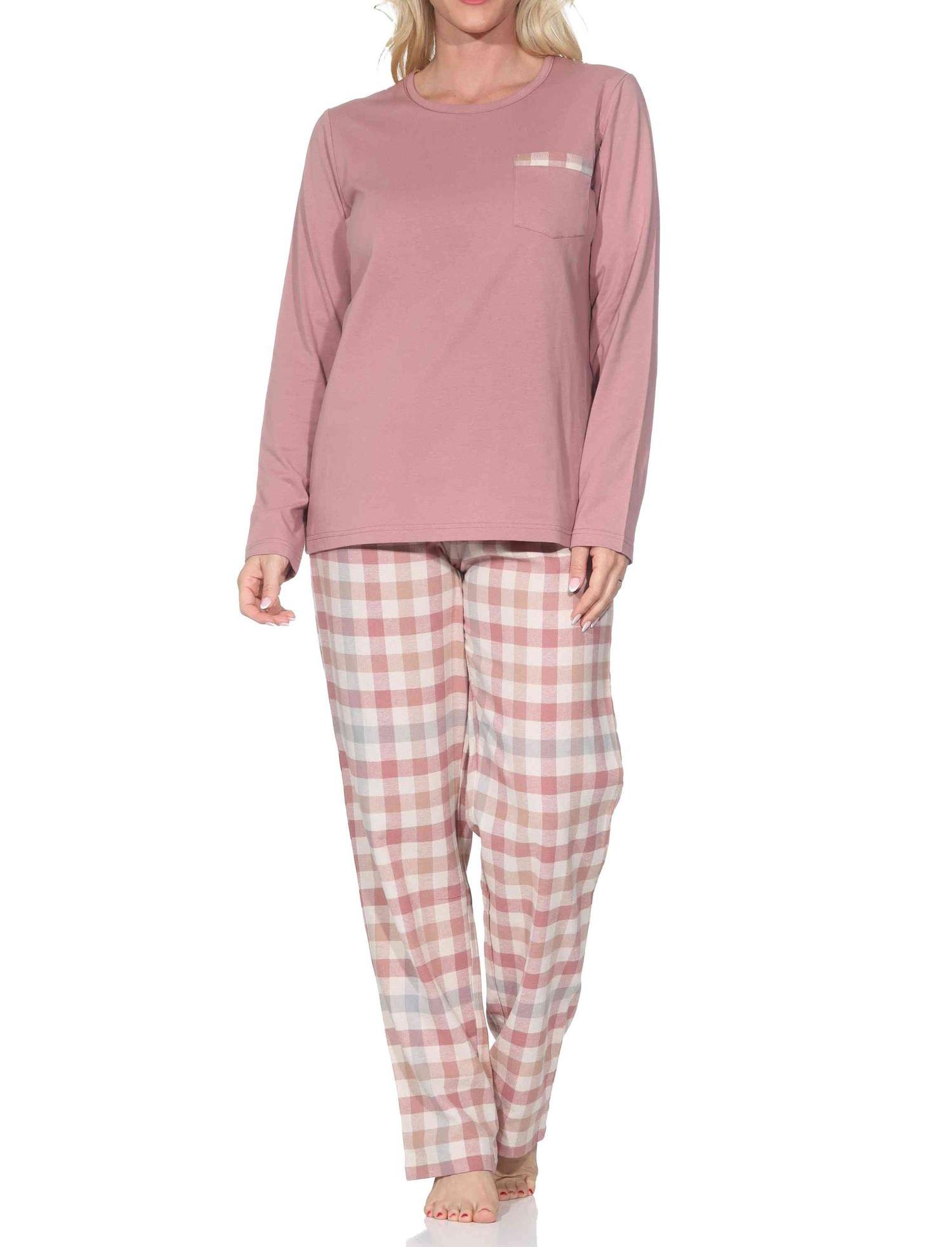 Normann Damen Schlafanzug lang Pyjama mit Flanell Pyjamahose in Karo Optik