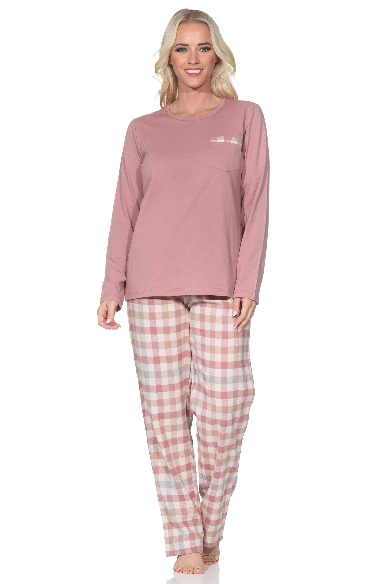 Normann Damen Schlafanzug lang Pyjama mit Flanell Pyjamahose in Karo Optik Normann Damen Schlafanzug lang Pyjama mit Flanell Pyjamahose in Karo Optik
