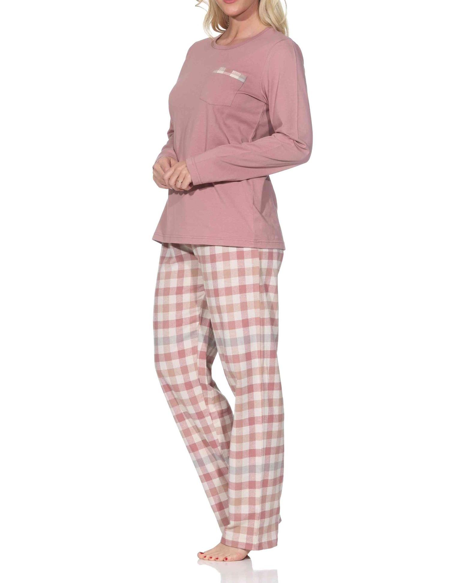 Normann Damen Schlafanzug lang Pyjama mit Flanell Pyjamahose in Karo Optik