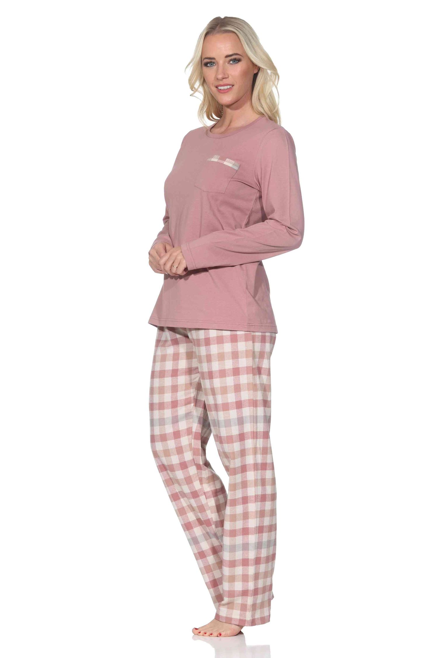 Normann Damen Schlafanzug lang Pyjama mit Flanell Pyjamahose in Karo Optik Normann Damen Schlafanzug lang Pyjama mit Flanell Pyjamahose in Karo Optik