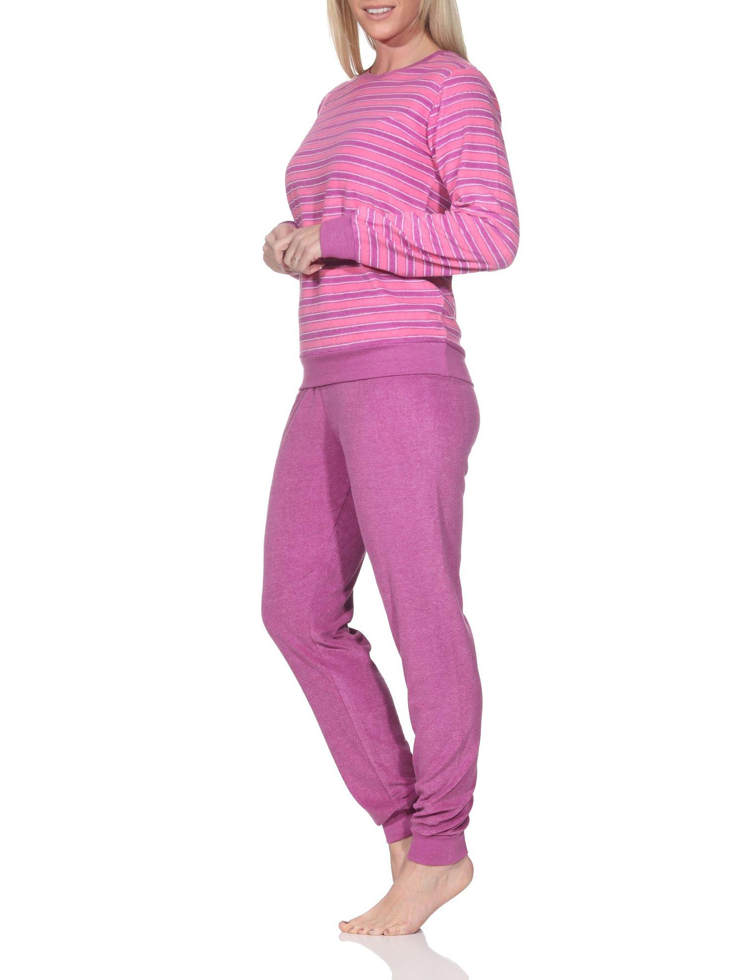 Upload Normann Damen Frottee Schlafanzug mit Bündchen Pyjama in Streifenoptik – auch in Übergröße