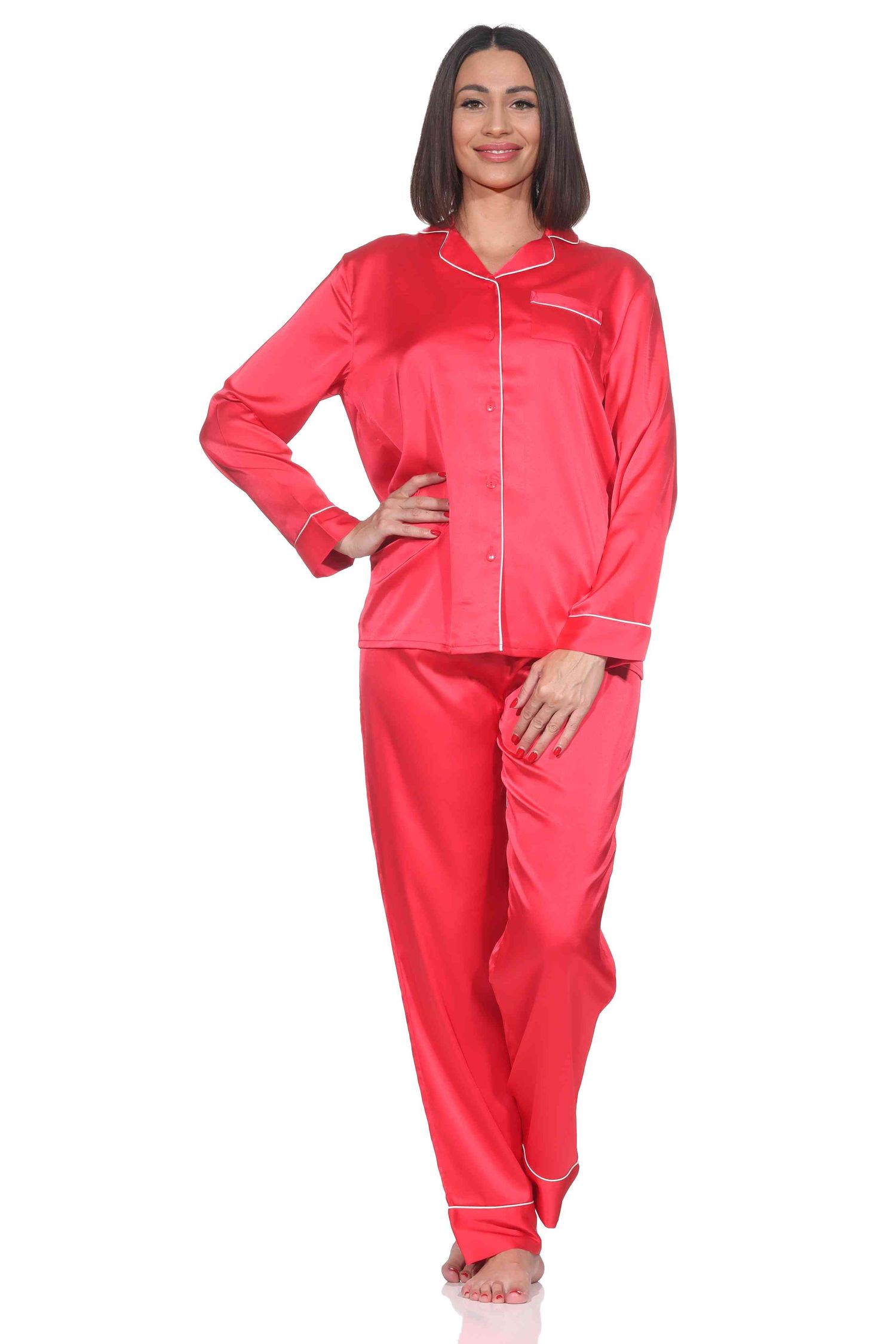 Normann Satin Damen Schlafanzug langarm Pyjama mit Knopfleiste und Brusttasche Normann Satin Damen Schlafanzug langarm Pyjama mit Knopfleiste und Brusttasche