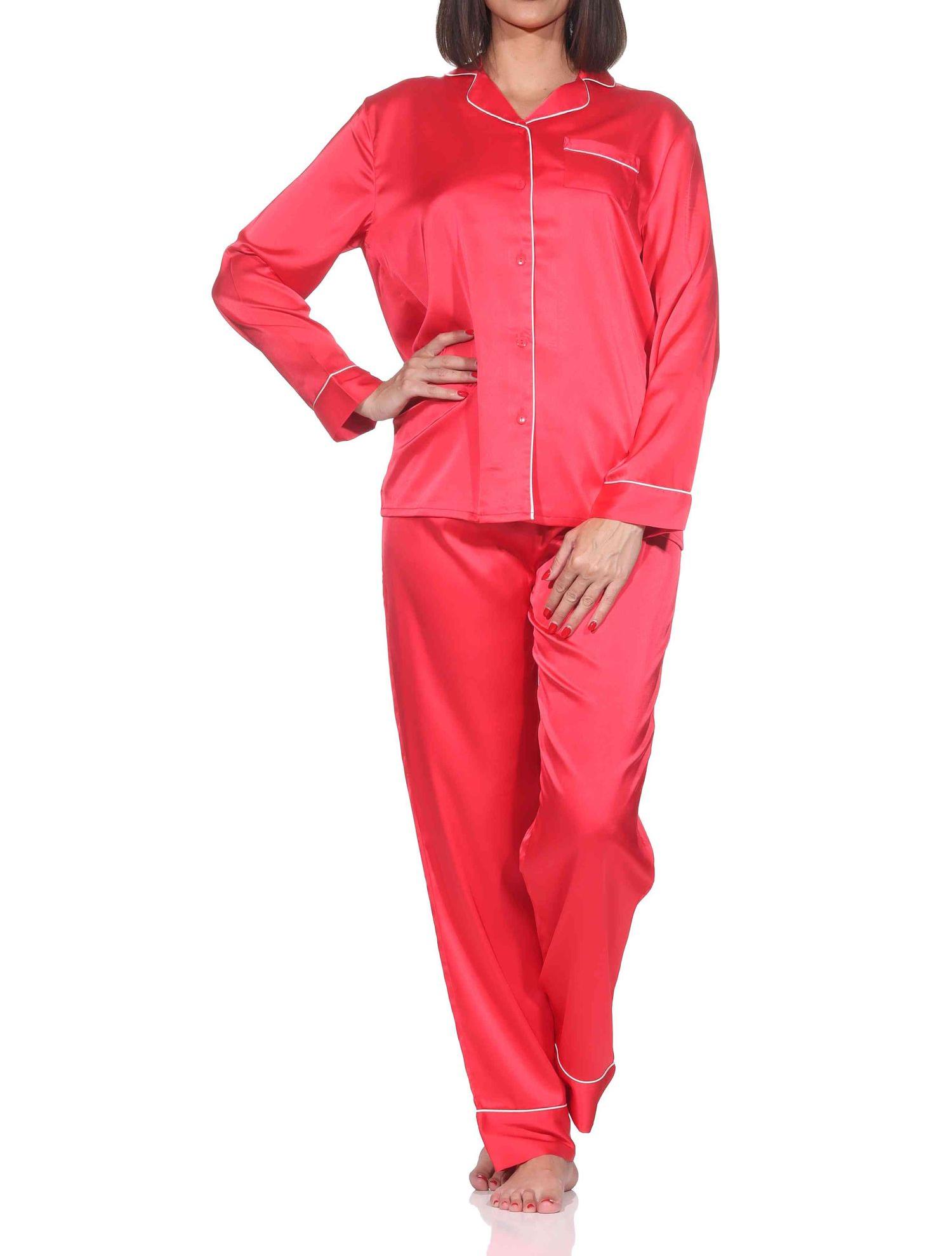 Normann Satin Damen Schlafanzug langarm Pyjama mit Knopfleiste und Brusttasche