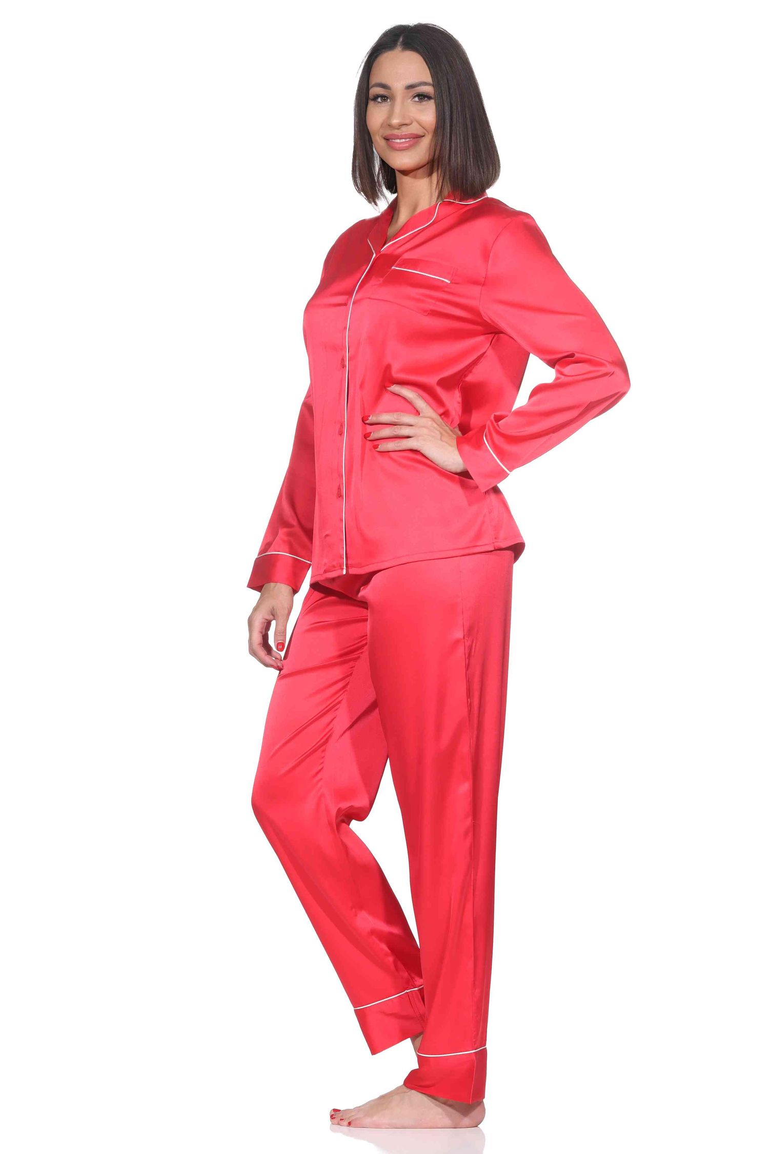 Normann Satin Damen Schlafanzug langarm Pyjama mit Knopfleiste und Brusttasche Normann Satin Damen Schlafanzug langarm Pyjama mit Knopfleiste und Brusttasche