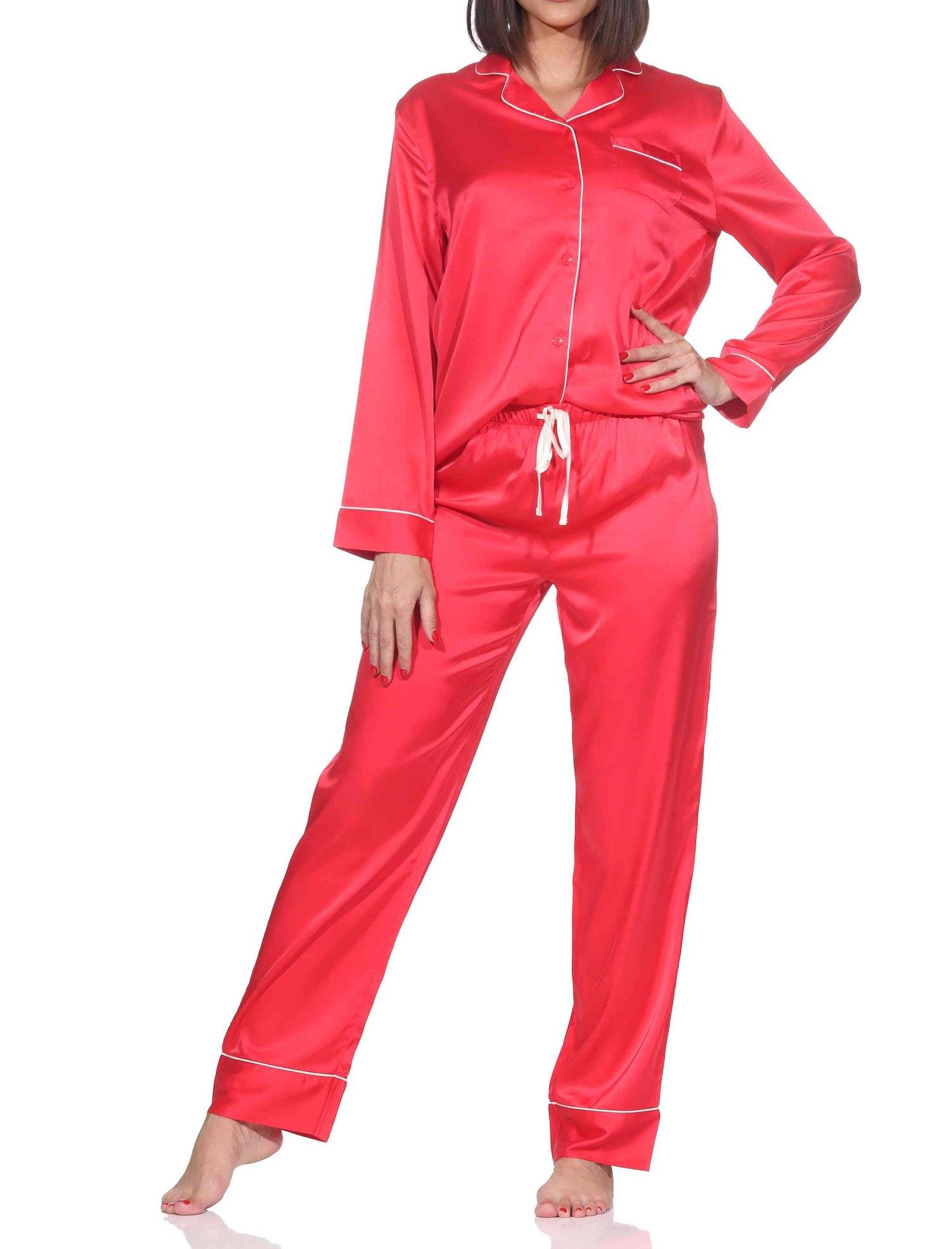 Normann Satin Damen Schlafanzug langarm Pyjama mit Knopfleiste und Brusttasche
