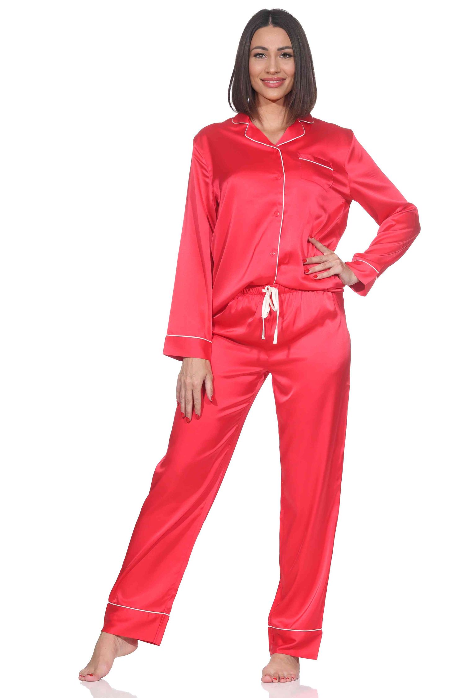 Normann Satin Damen Schlafanzug langarm Pyjama mit Knopfleiste und Brusttasche Normann Satin Damen Schlafanzug langarm Pyjama mit Knopfleiste und Brusttasche