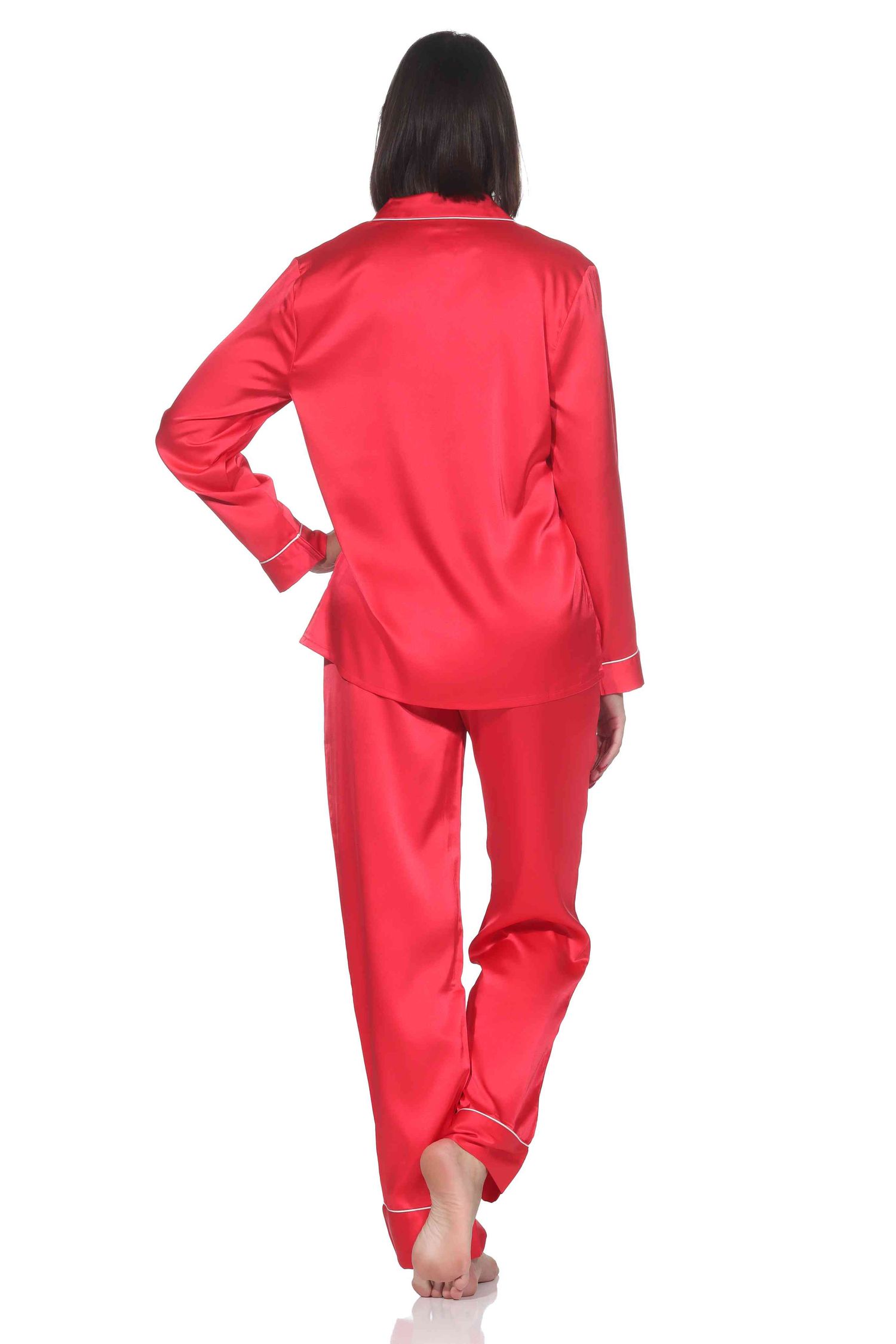 Normann Satin Damen Schlafanzug langarm Pyjama mit Knopfleiste und Brusttasche Normann Satin Damen Schlafanzug langarm Pyjama mit Knopfleiste und Brusttasche