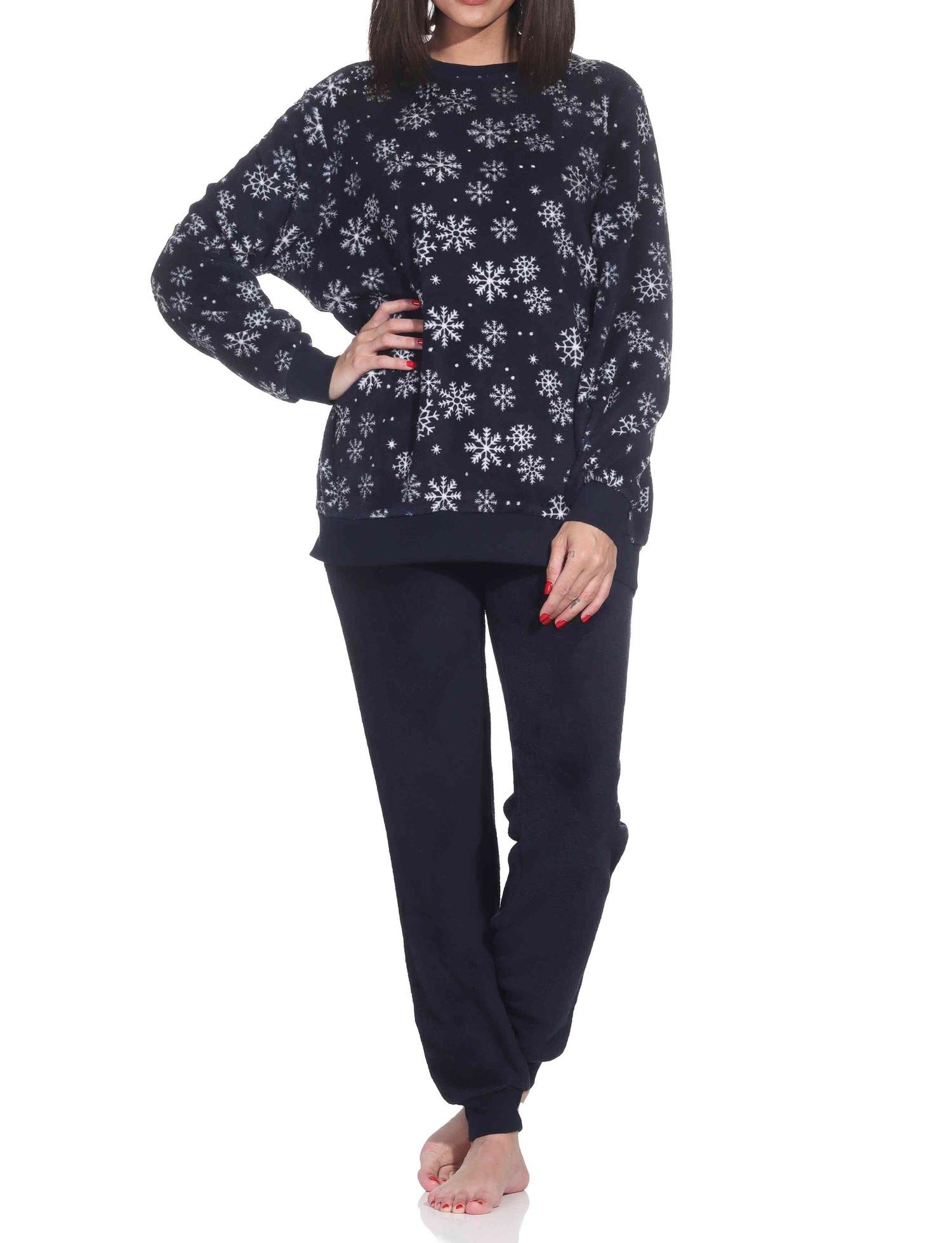 Kuschelig warmer Damen langarm Schlafanzug mit Bündchen aus Coralfleece in toller Optik