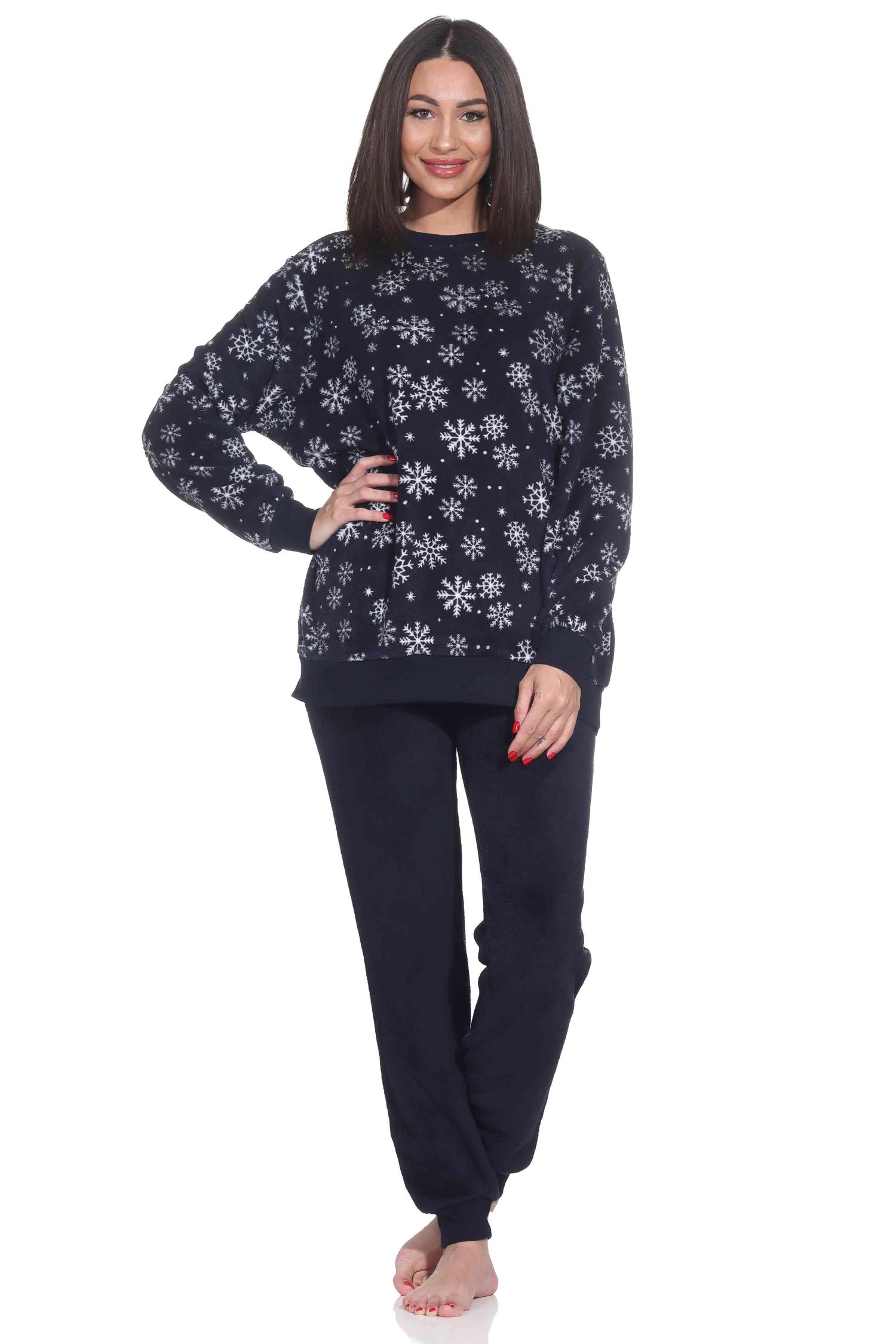 Kuschelig warmer Damen langarm Schlafanzug mit Bündchen aus Coralfleece in toller Optik