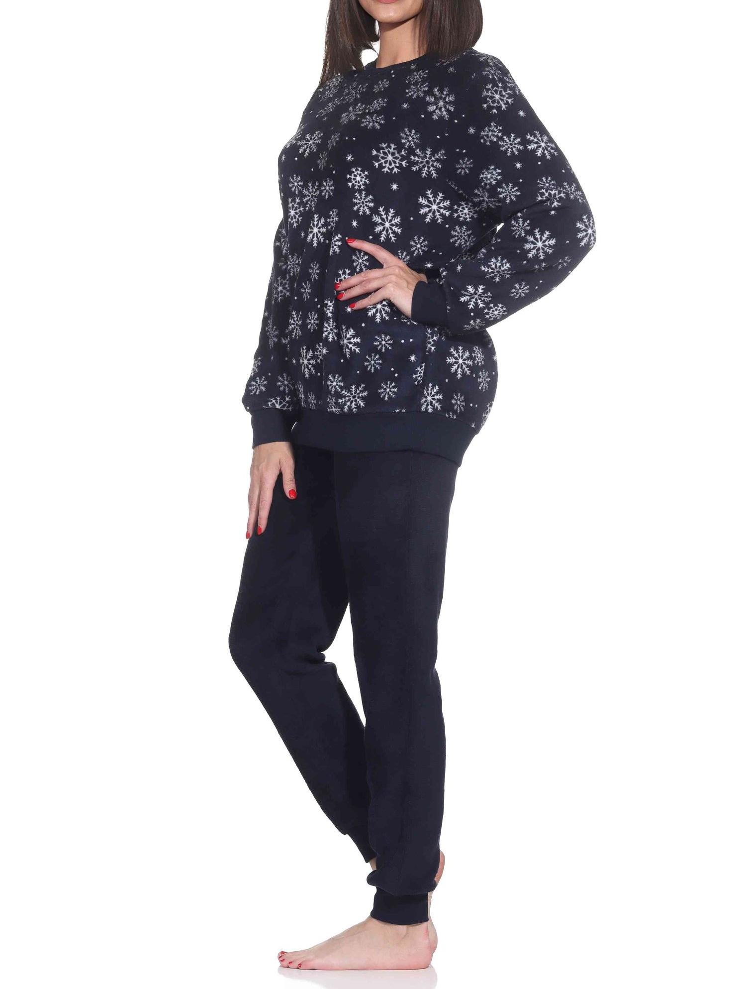 Kuschelig warmer Damen langarm Schlafanzug mit Bündchen aus Coralfleece in toller Optik