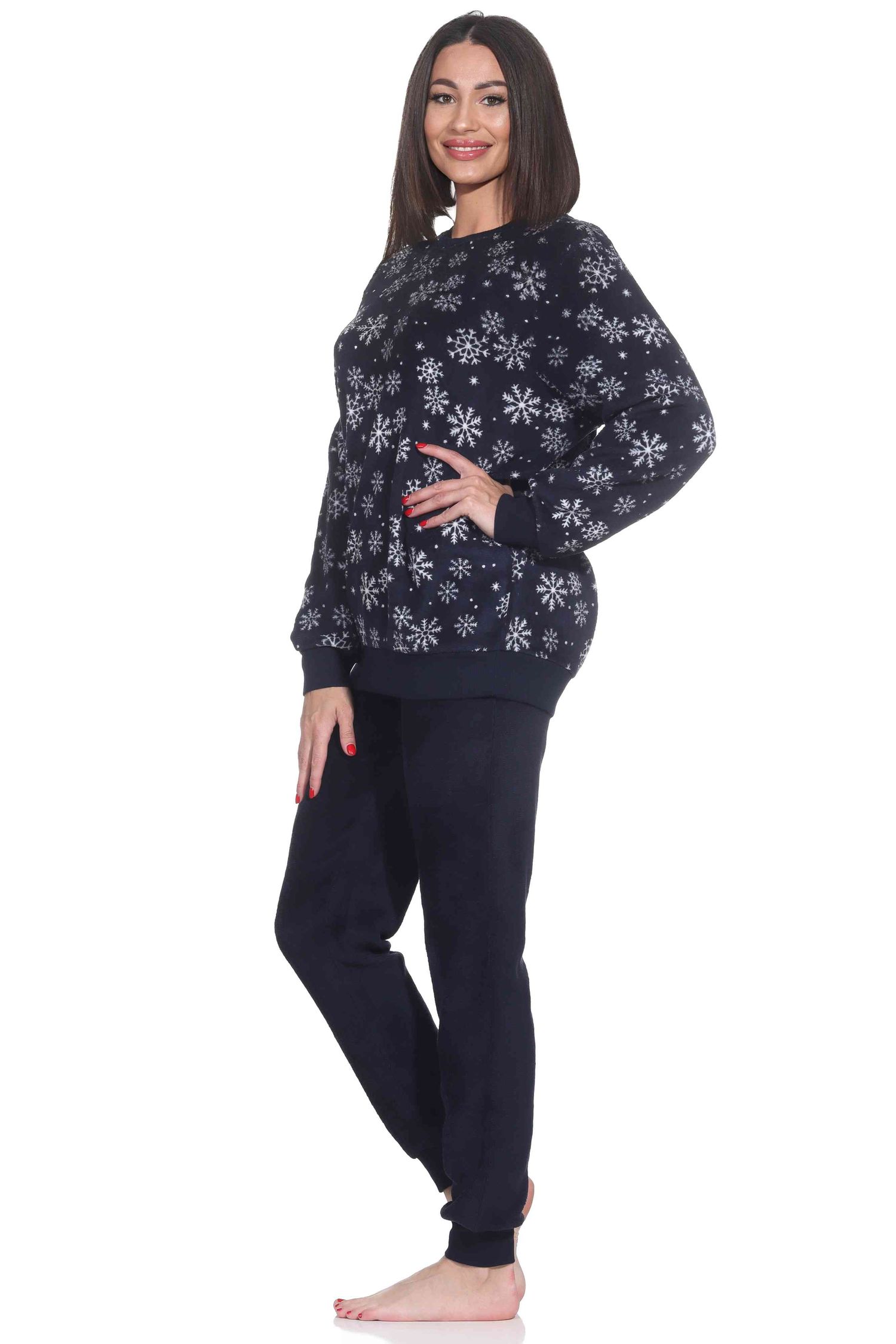 Kuschelig warmer Damen langarm Schlafanzug mit Bündchen aus Coralfleece in toller Optik