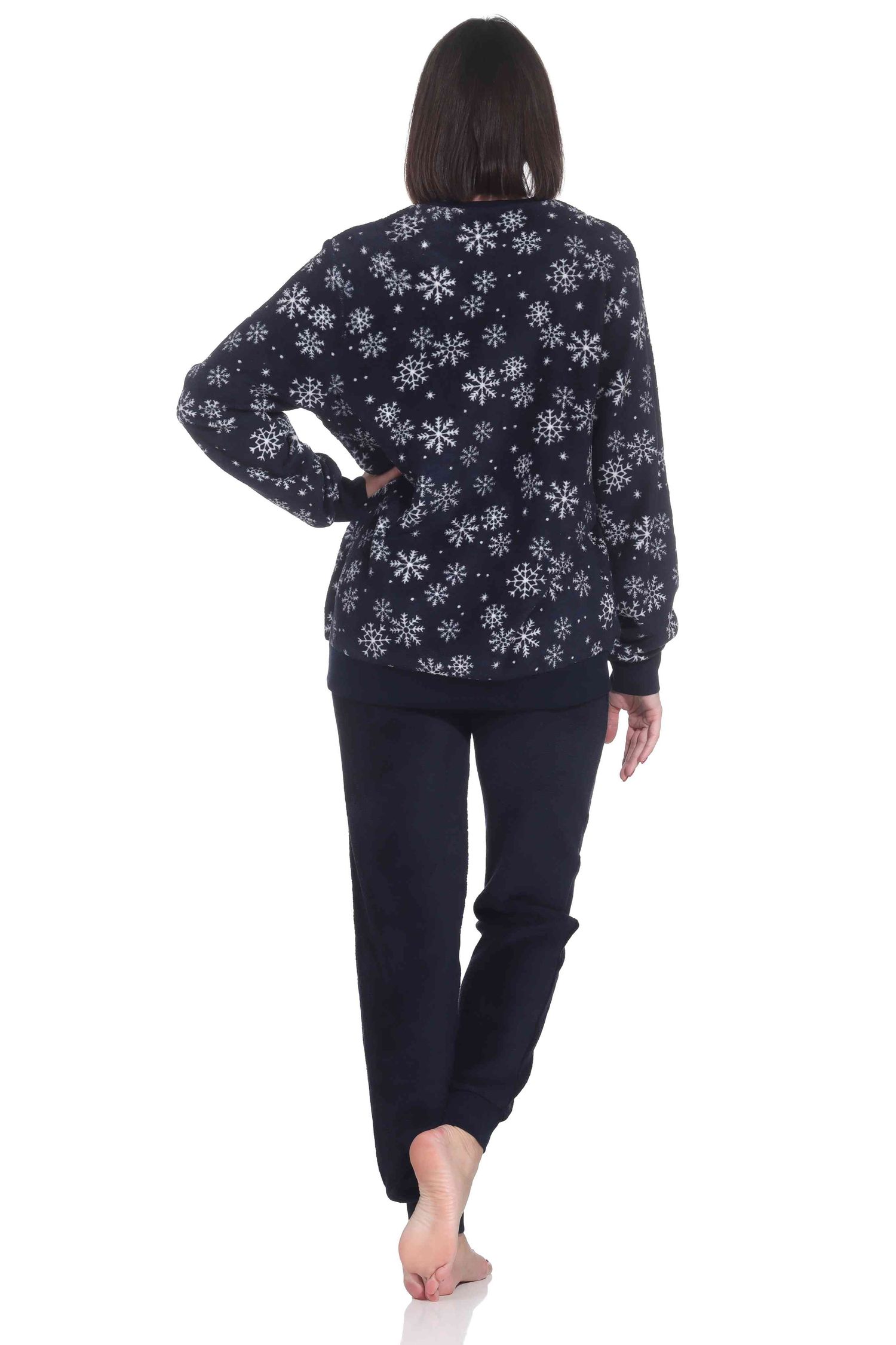 Kuschelig warmer Damen langarm Schlafanzug mit Bündchen aus Coralfleece in toller Optik