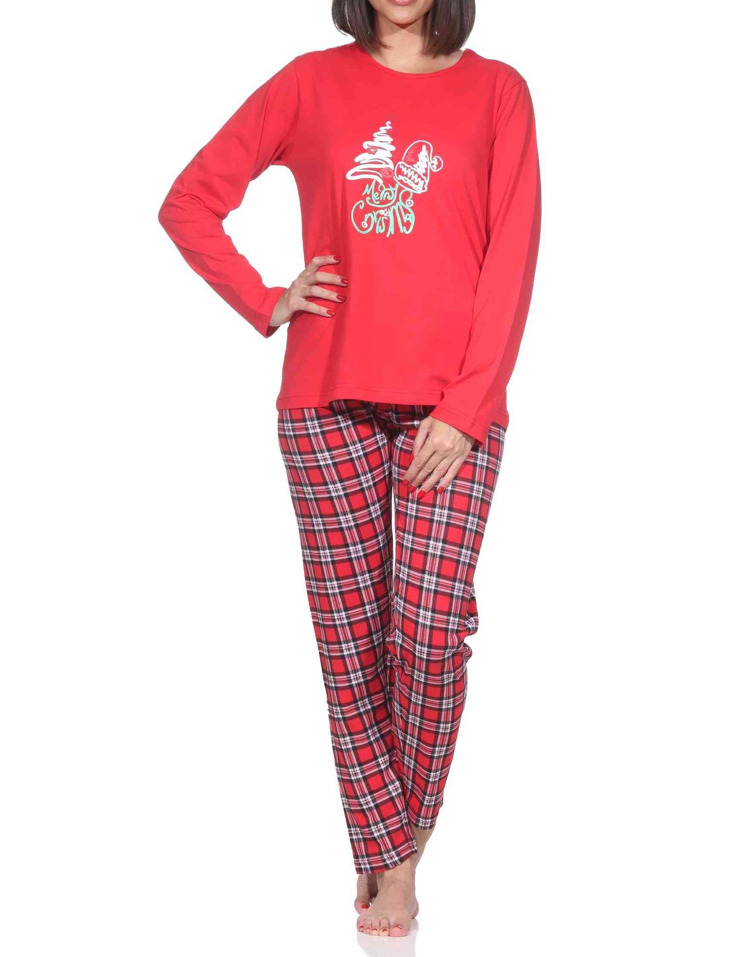 Normann Damen langarm Weihnachts Schlafanzug Pyjama mit weihnachtlichen Motiv