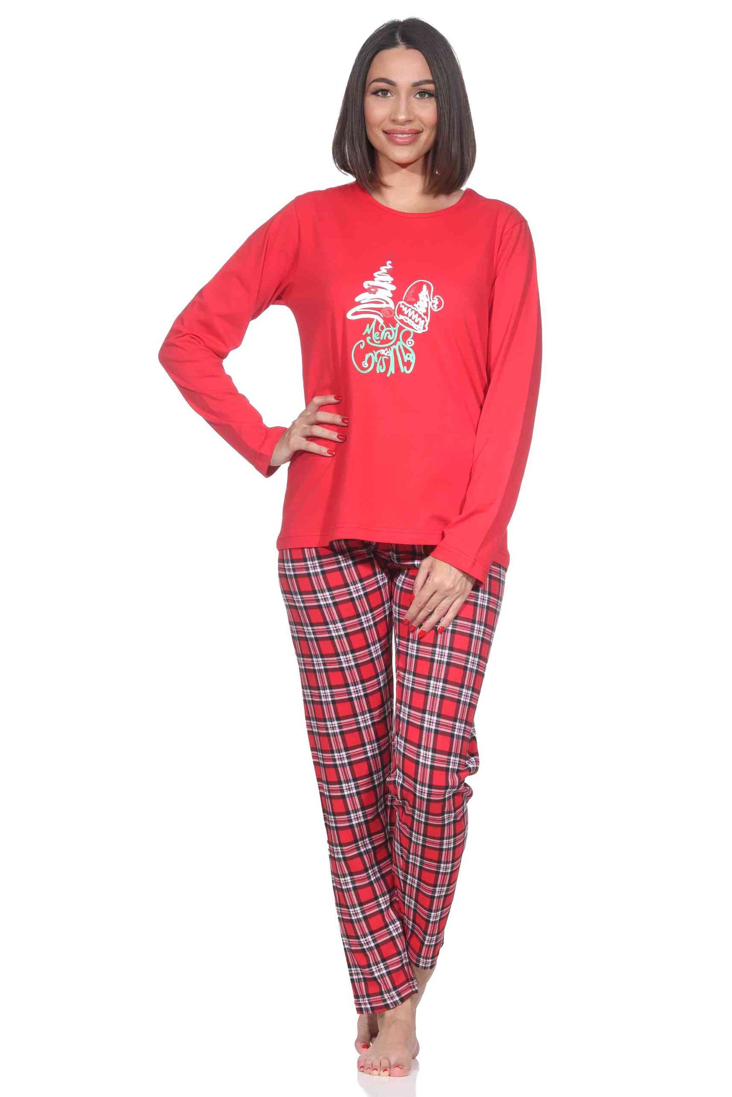 Normann Damen langarm Weihnachts Schlafanzug Pyjama mit weihnachtlichen Motiv in rot Normann Damen langarm Weihnachts Schlafanzug Pyjama mit weihnachtlichen Motiv