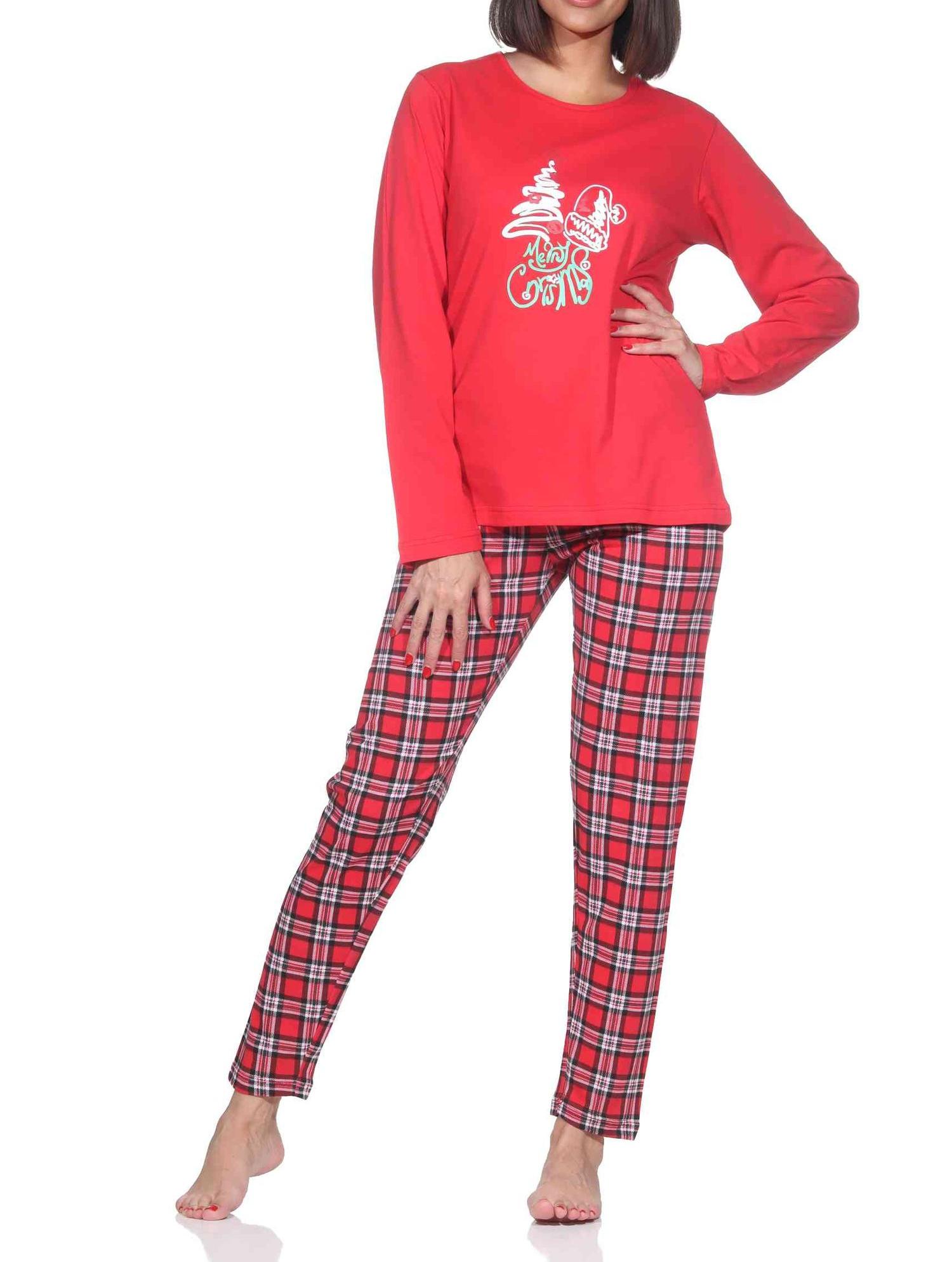 Normann Damen langarm Weihnachts Schlafanzug Pyjama mit weihnachtlichen Motiv