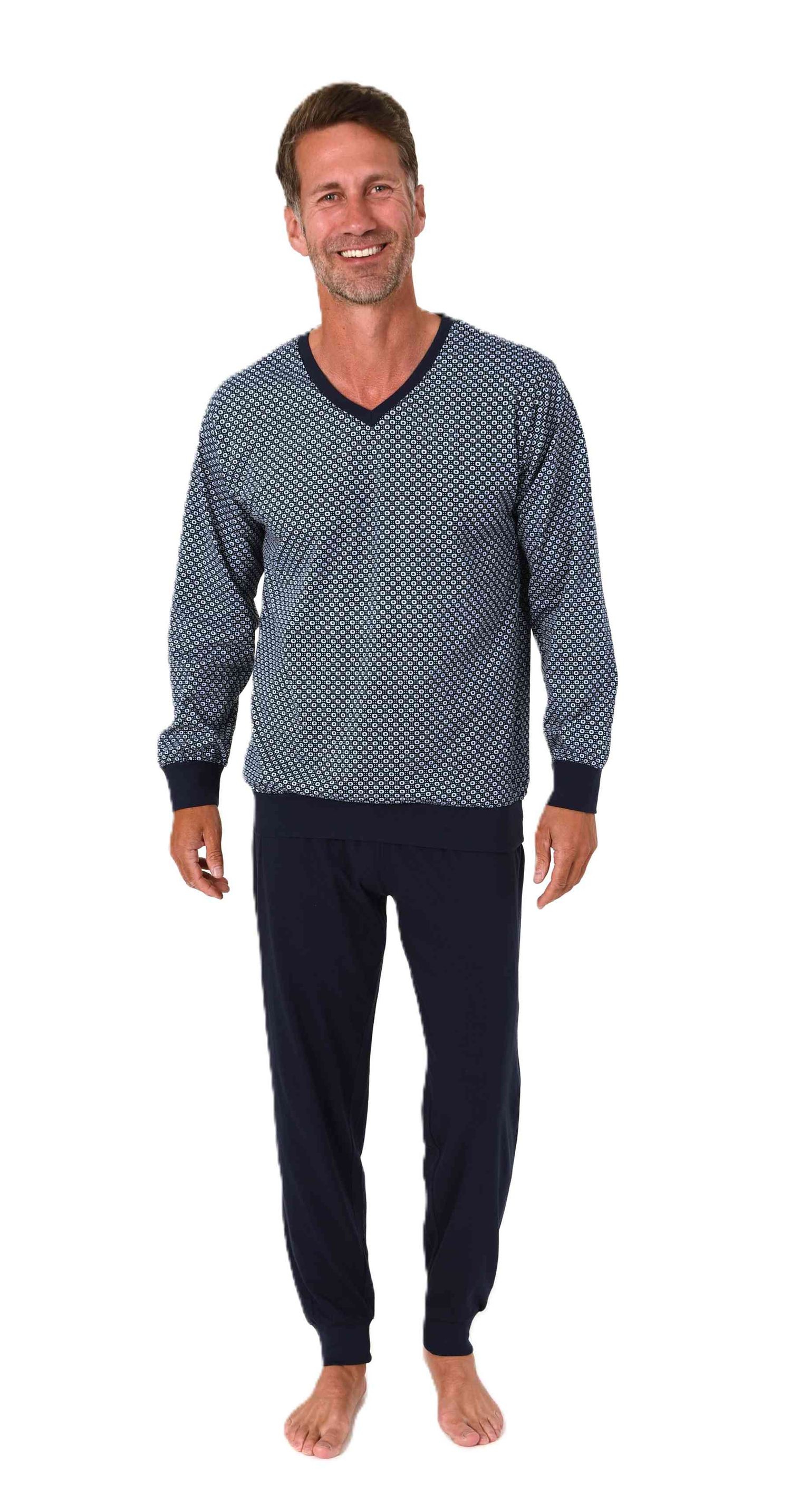 Normann Herren Schlafanzug langarm Pyjama mit Bündchen in eleganter Optik mit V-Hals Normann Herren Schlafanzug langarm Pyjama mit Bündchen in eleganter Optik mit V-Hals
