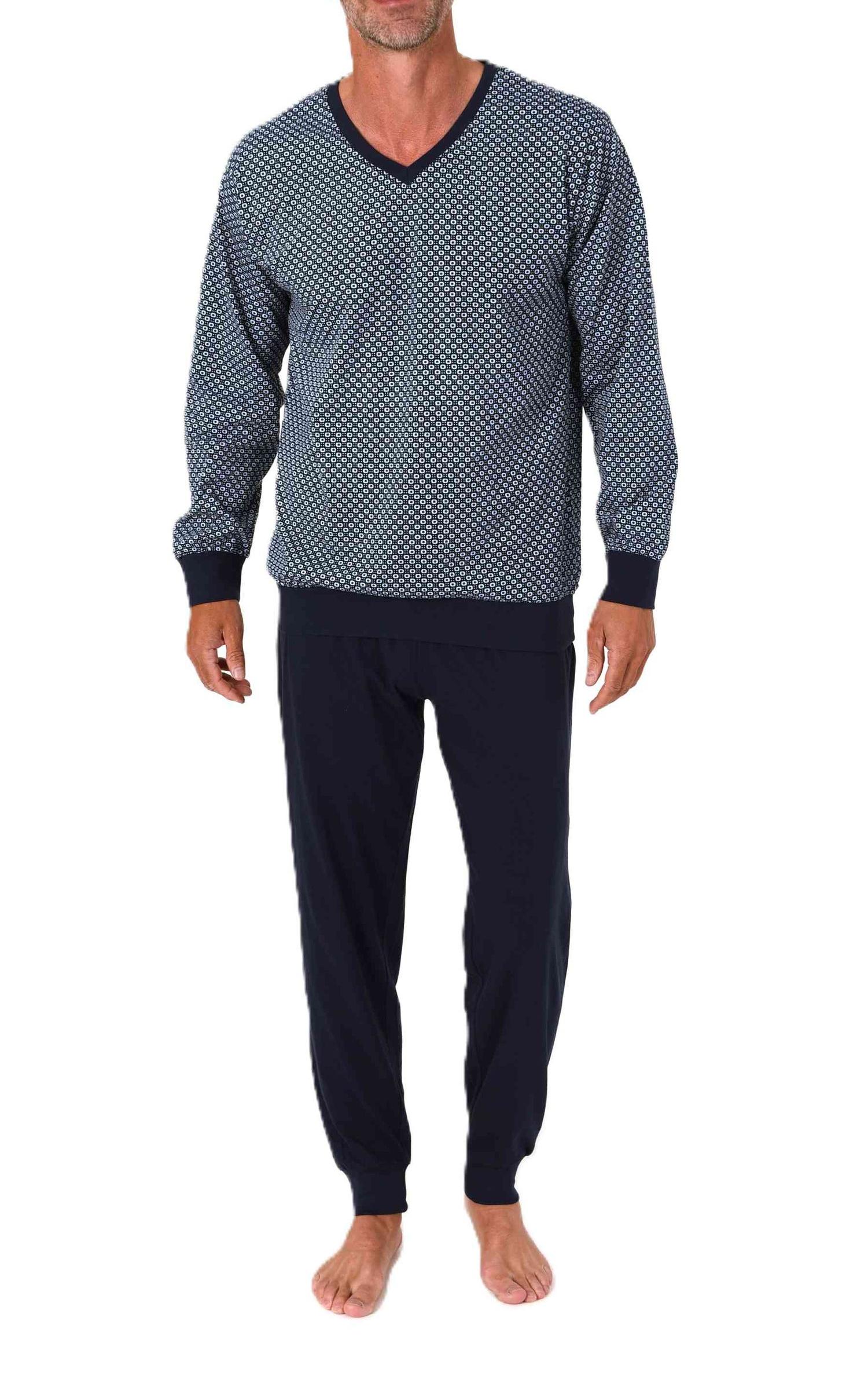 Normann Herren Schlafanzug langarm Pyjama mit Bündchen in eleganter Optik mit V-Hals