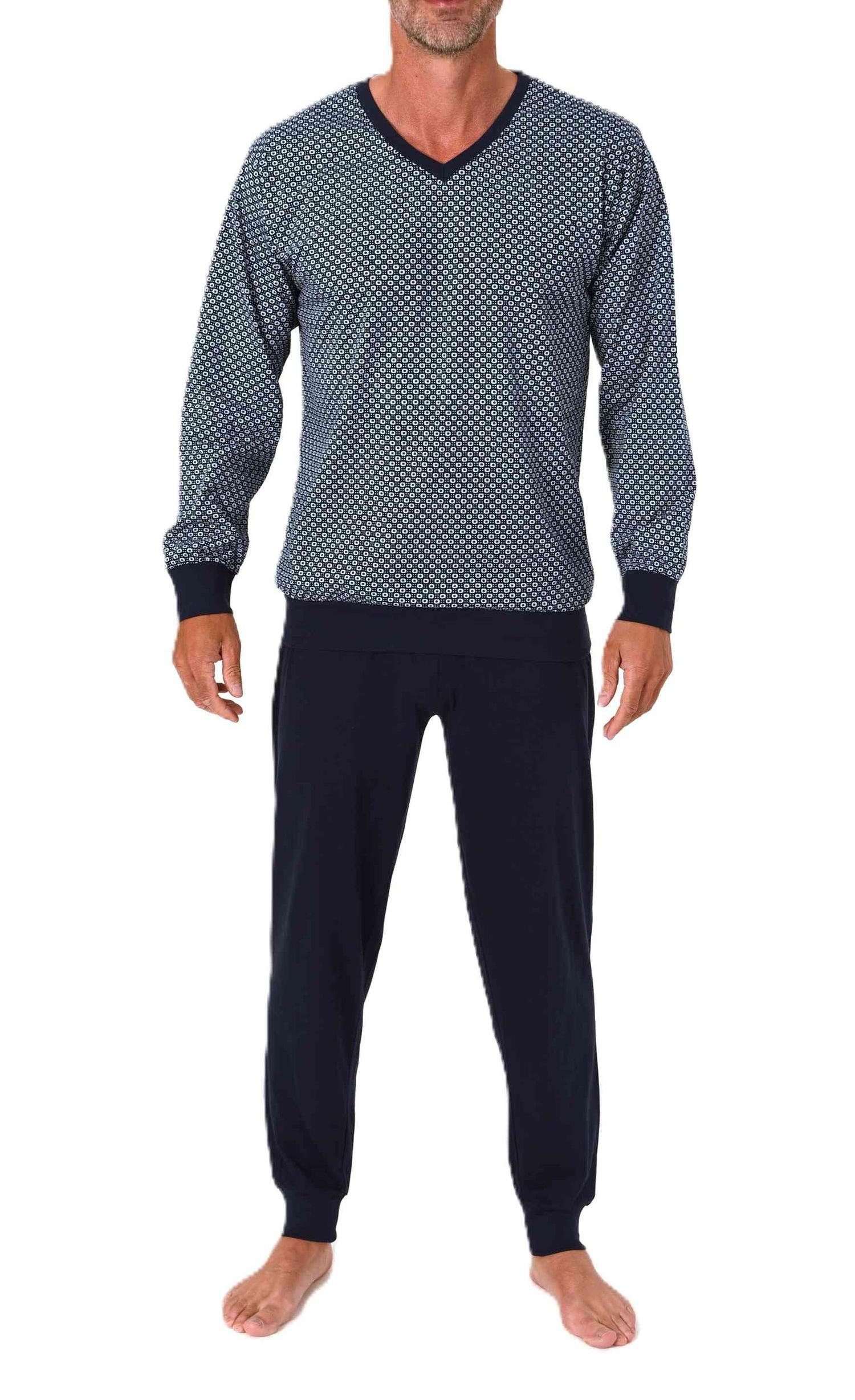 Normann Herren Schlafanzug langarm Pyjama mit Bündchen in eleganter Optik mit V-Hals