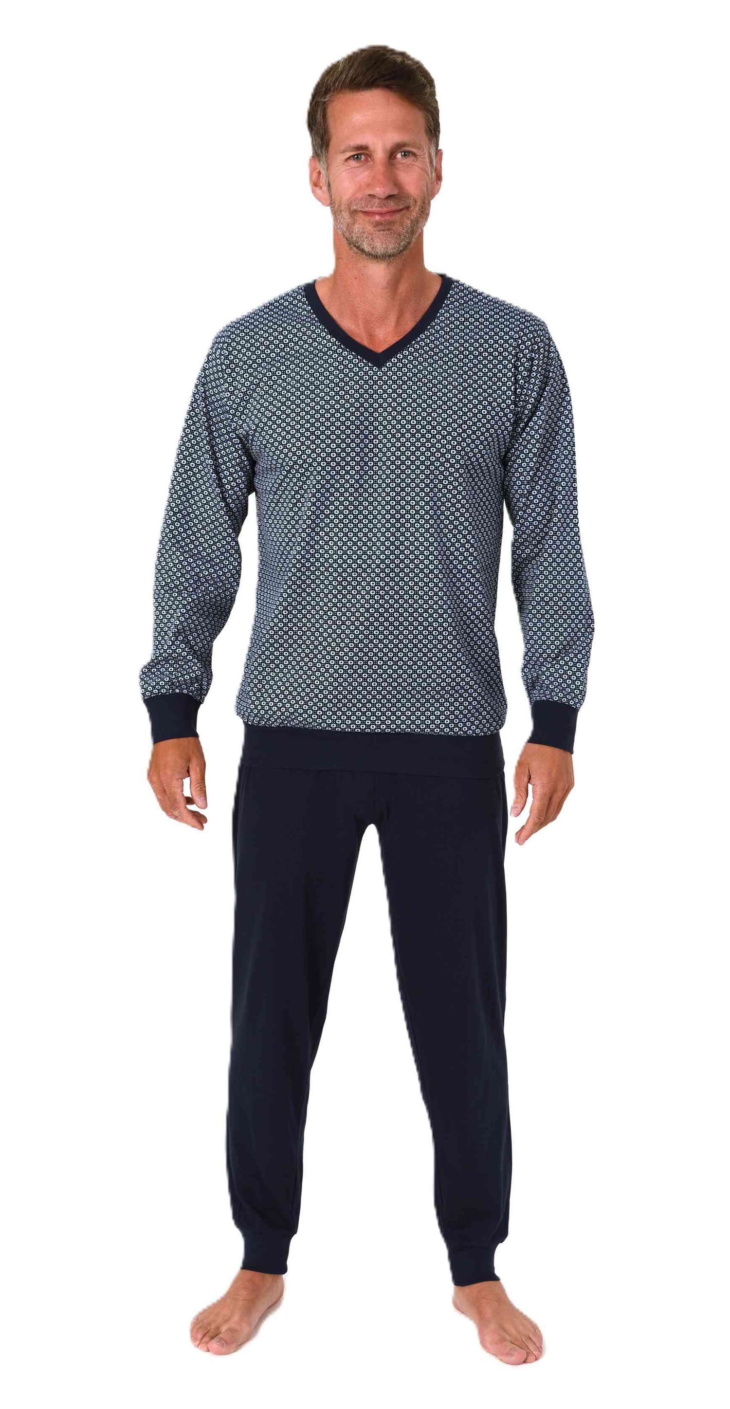 Normann Herren Schlafanzug langarm Pyjama mit Bündchen in eleganter Optik mit V-Hals
