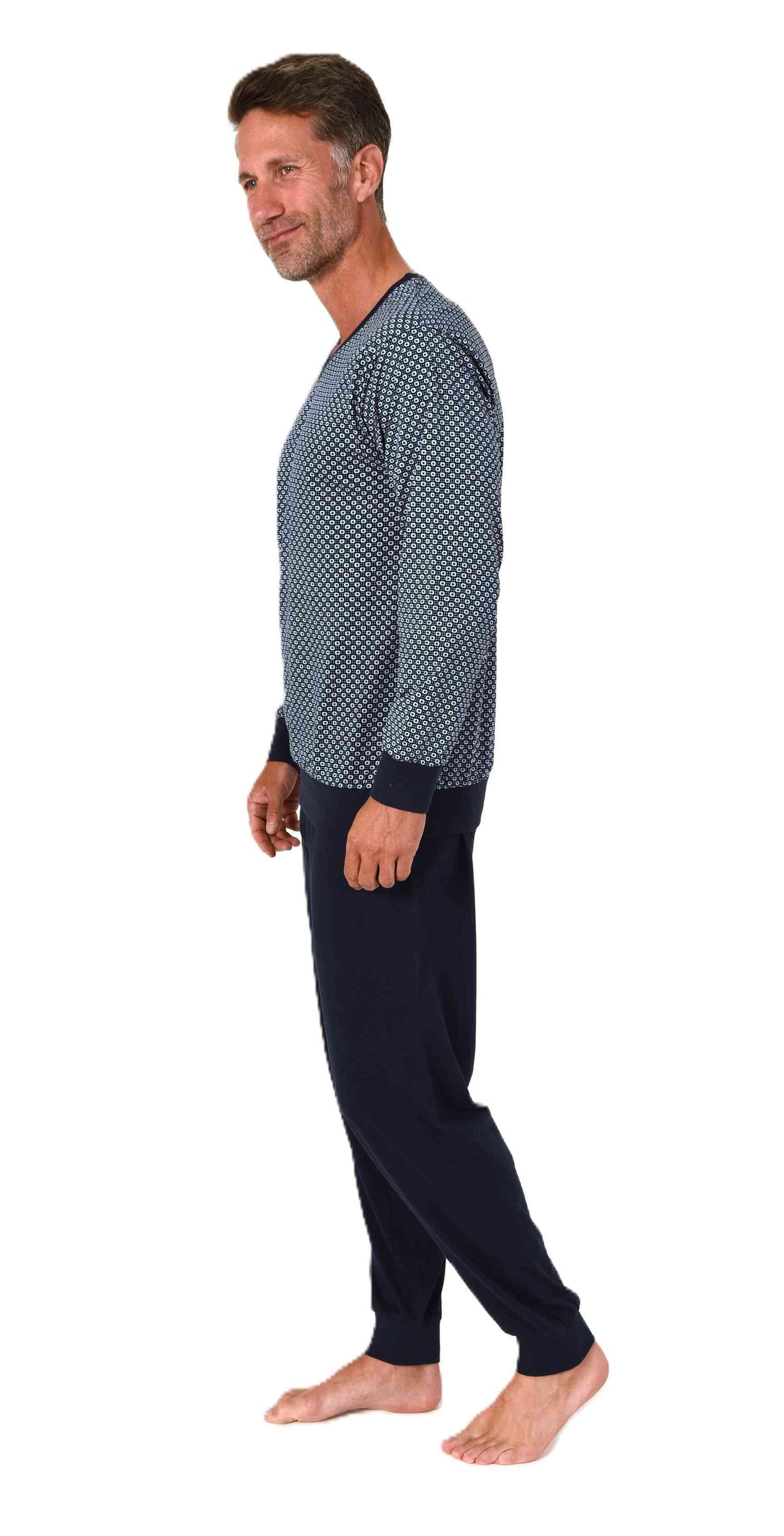 Normann Herren Schlafanzug langarm Pyjama mit Bündchen in eleganter Optik mit V-Hals
