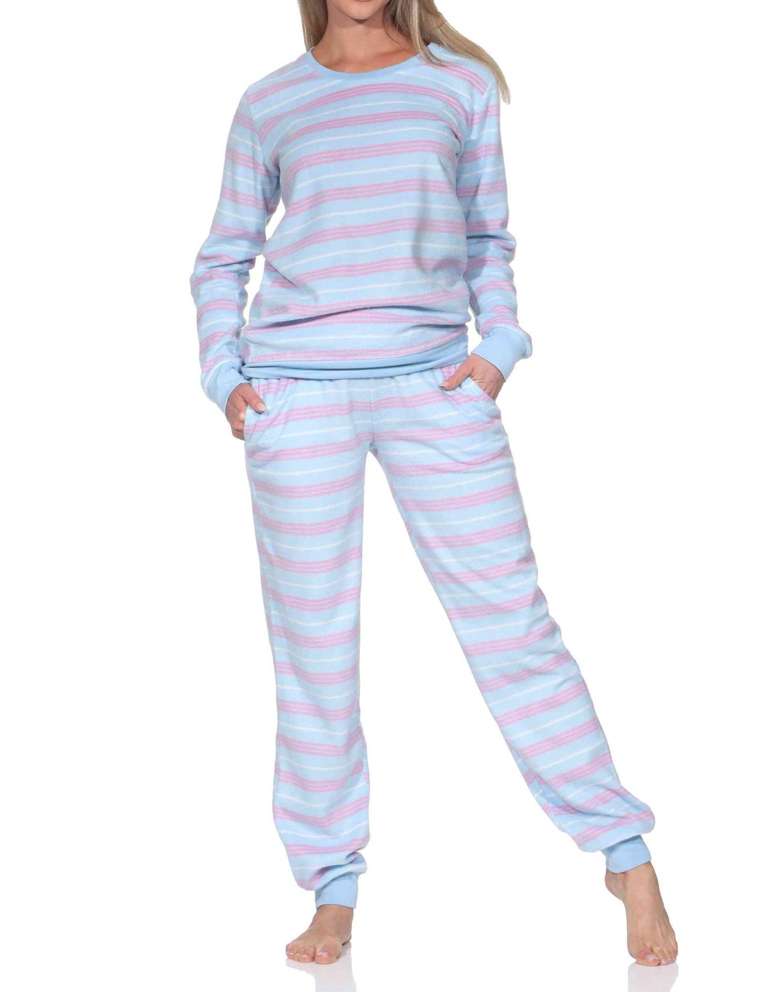 Normann Damen langarm Fleece Schlafanzug mit Bündchen in Streifen Optik