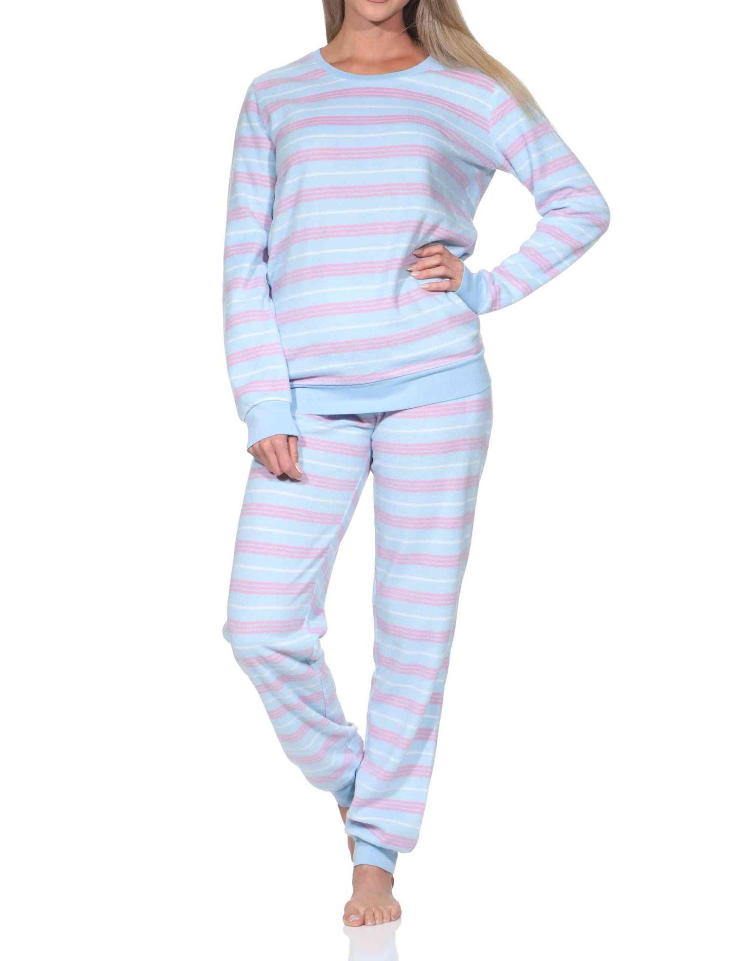 Normann Damen langarm Fleece Schlafanzug mit Bündchen in Streifen Optik
