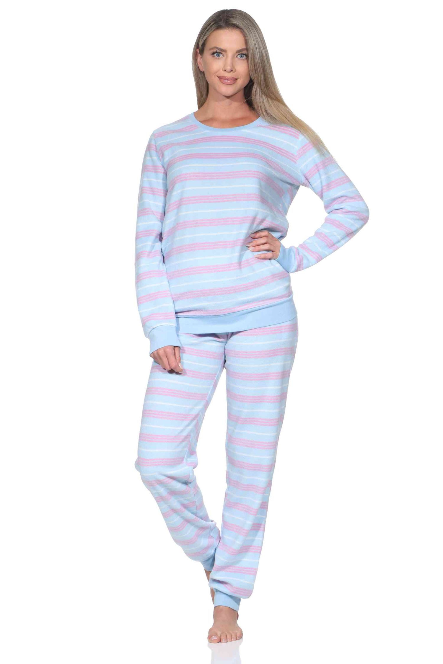 Normann Damen langarm Fleece Schlafanzug mit Bündchen in Streifen Optik