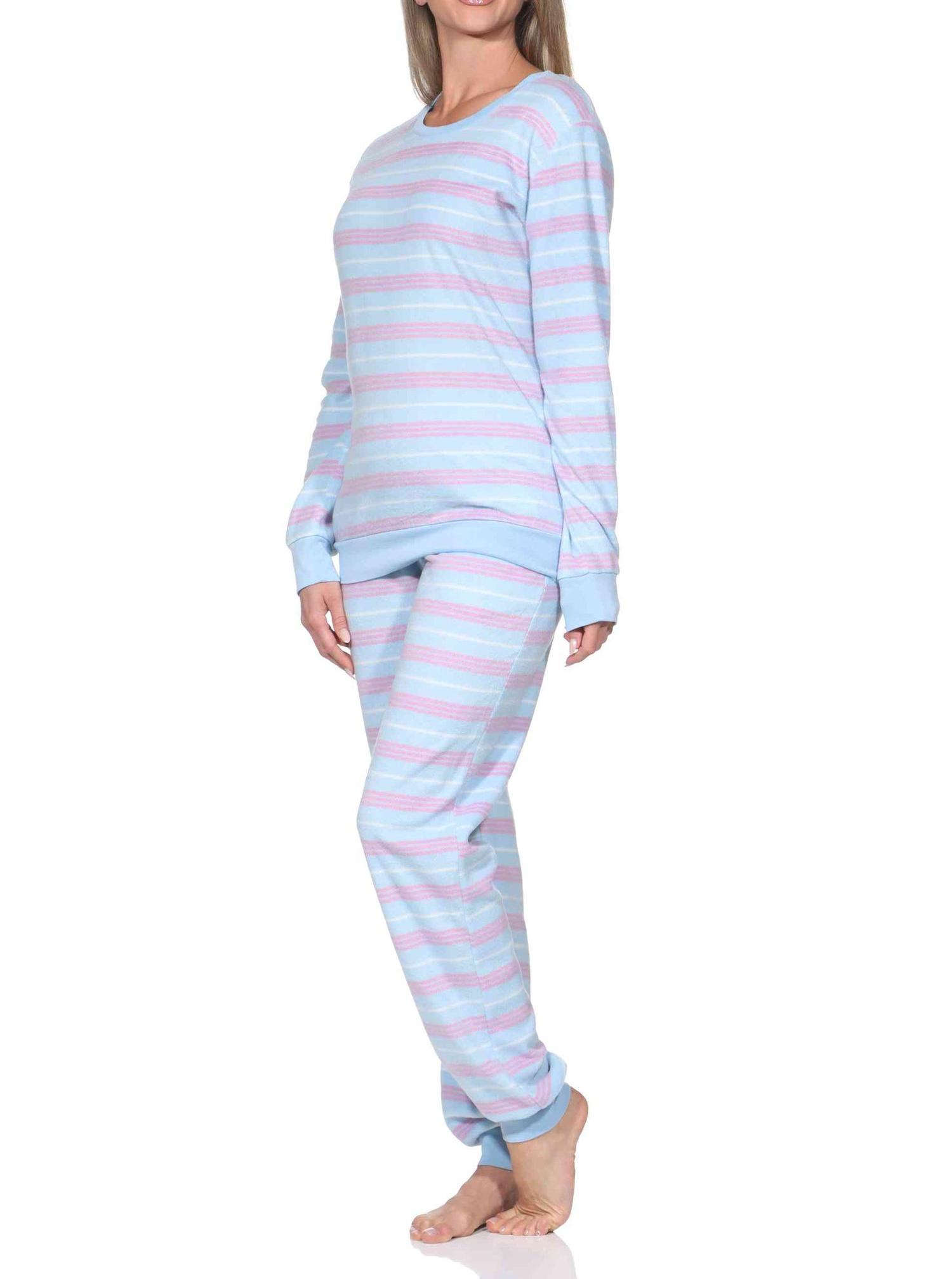 Normann Damen langarm Fleece Schlafanzug mit Bündchen in Streifen Optik