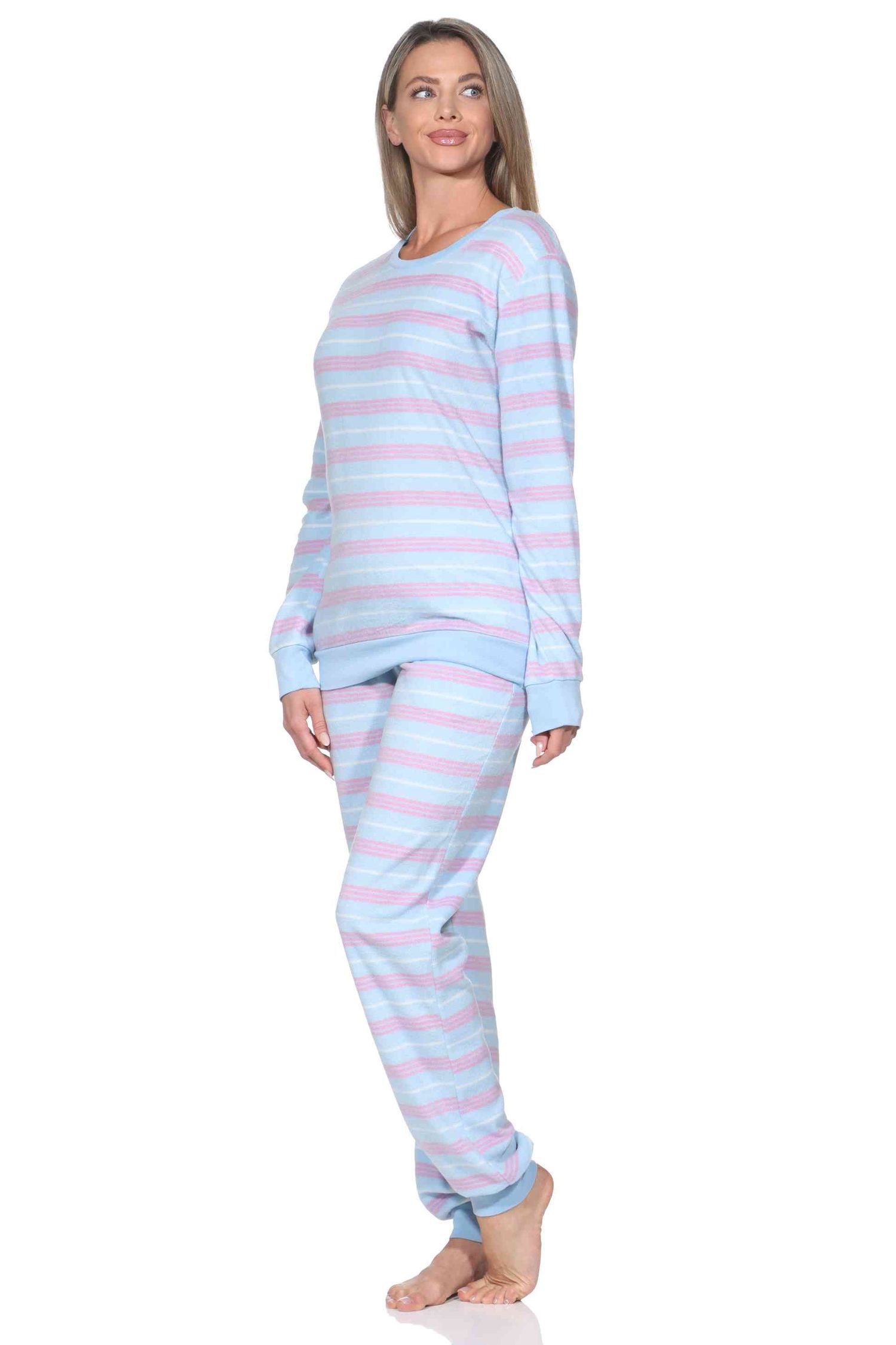 Normann Damen langarm Fleece Schlafanzug mit Bündchen in Streifen Optik