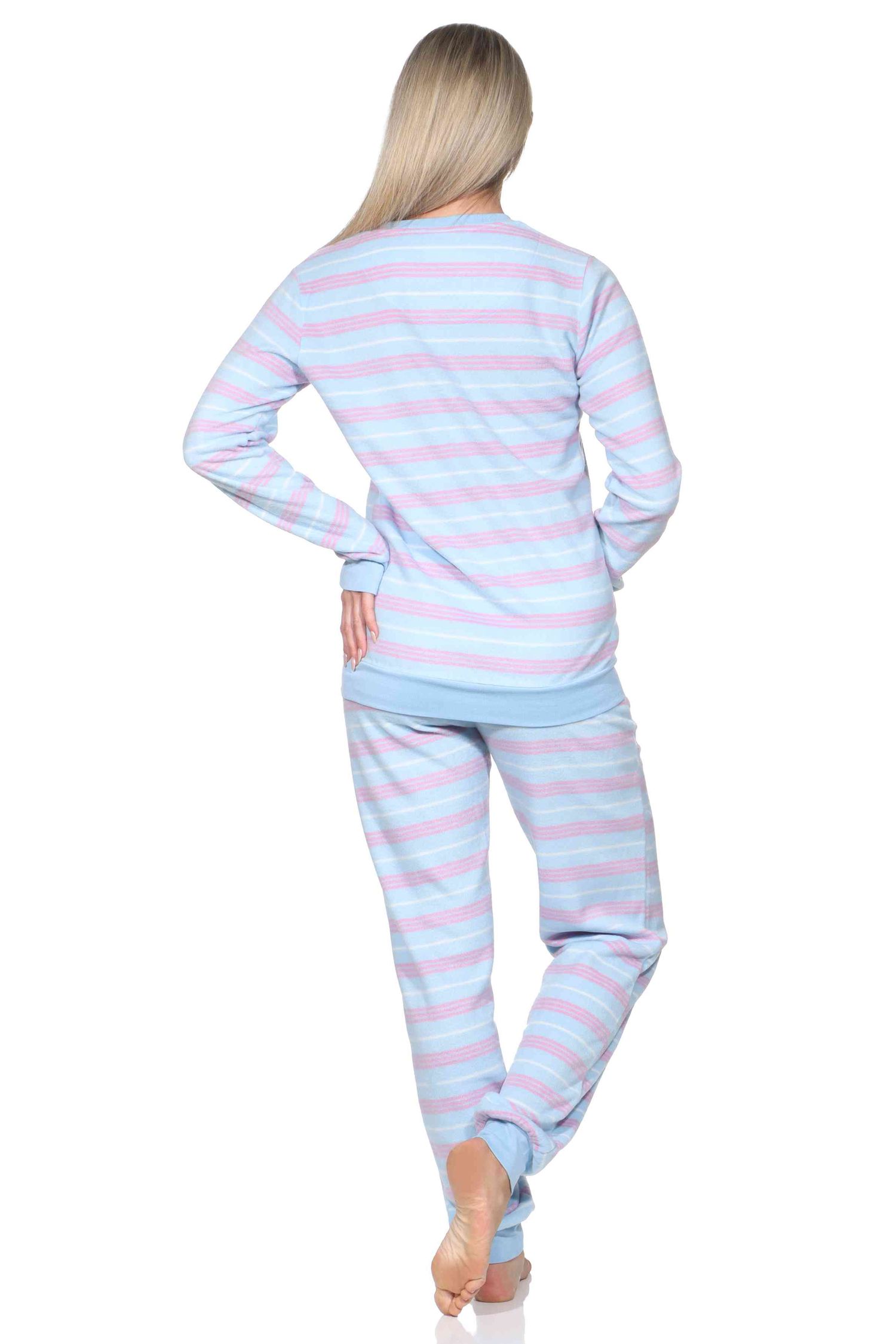 Normann Damen langarm Fleece Schlafanzug mit Bündchen in Streifen Optik