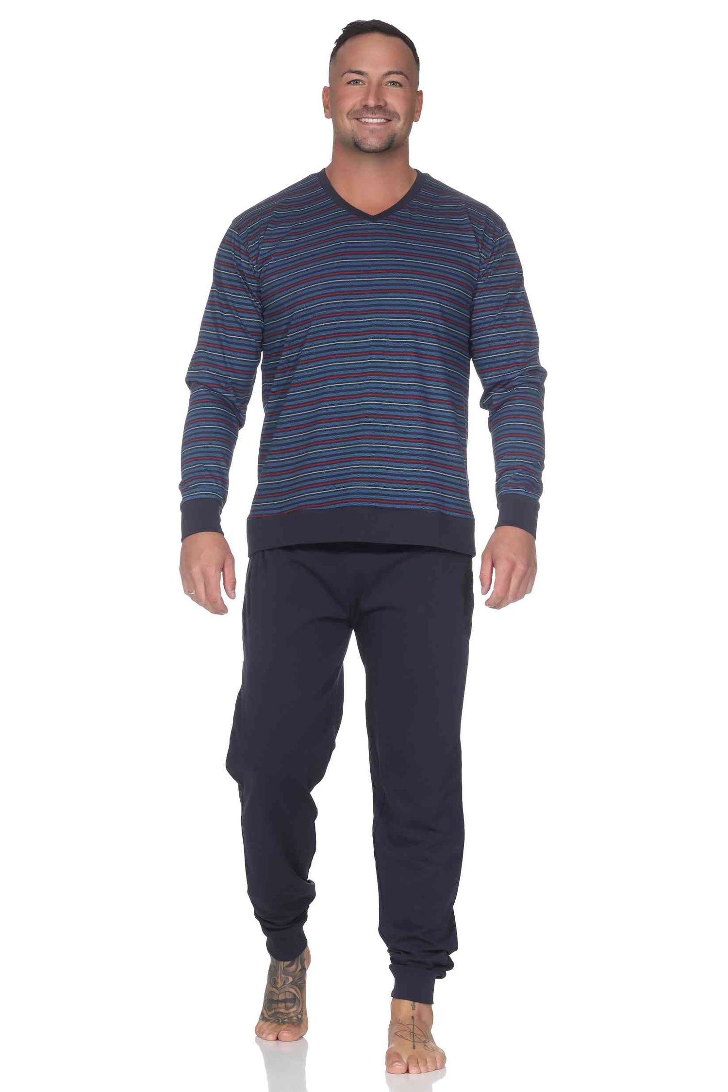 Normann Herren Schlafanzug lang mit Bündchen - Pyjama in Streifenoptik und V-Hals Normann Herren Schlafanzug lang mit Bündchen - Pyjama in Streifenoptik und V-Hals