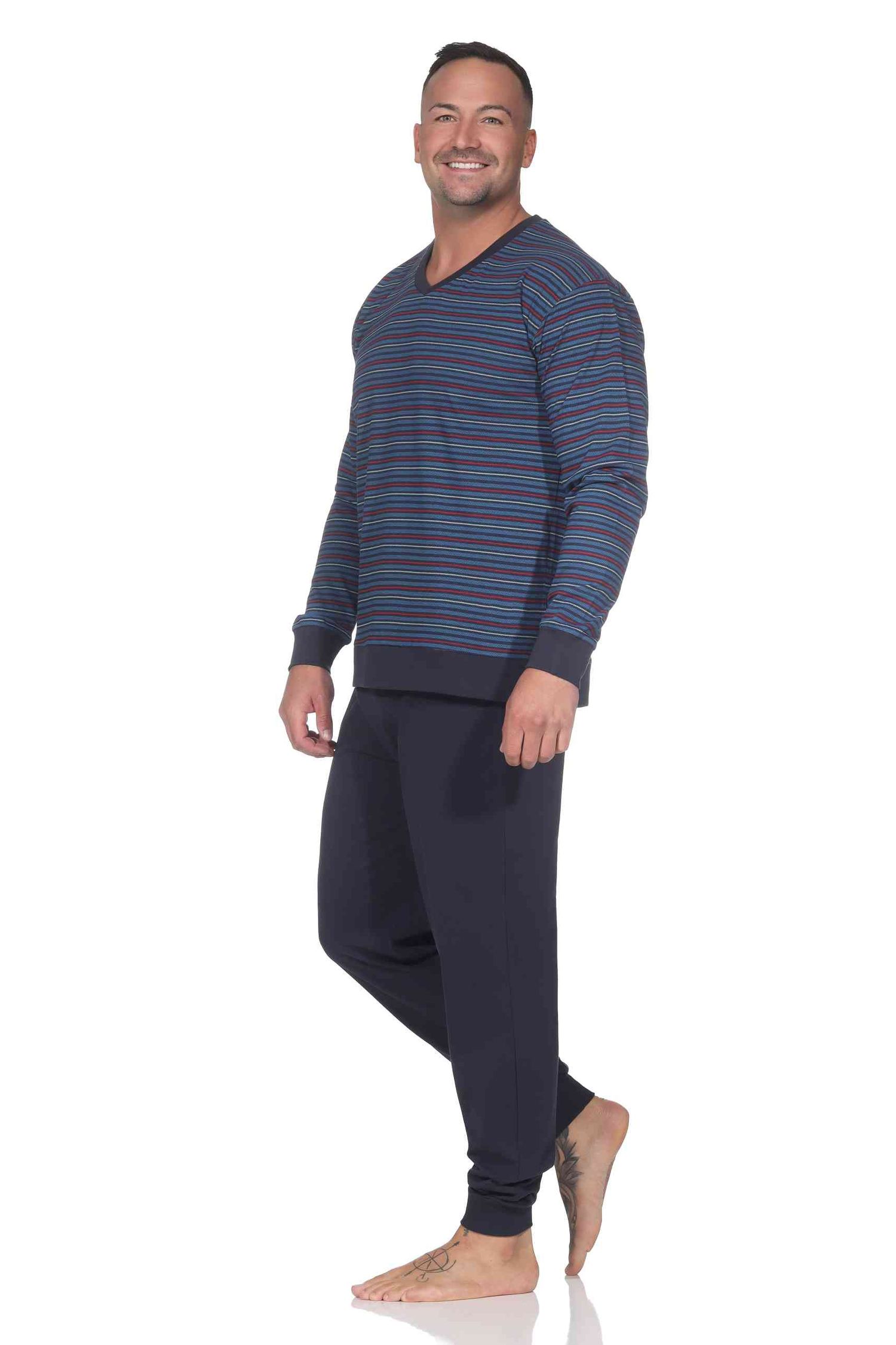 Normann Herren Schlafanzug lang mit Bündchen - Pyjama in Streifenoptik und V-Hals