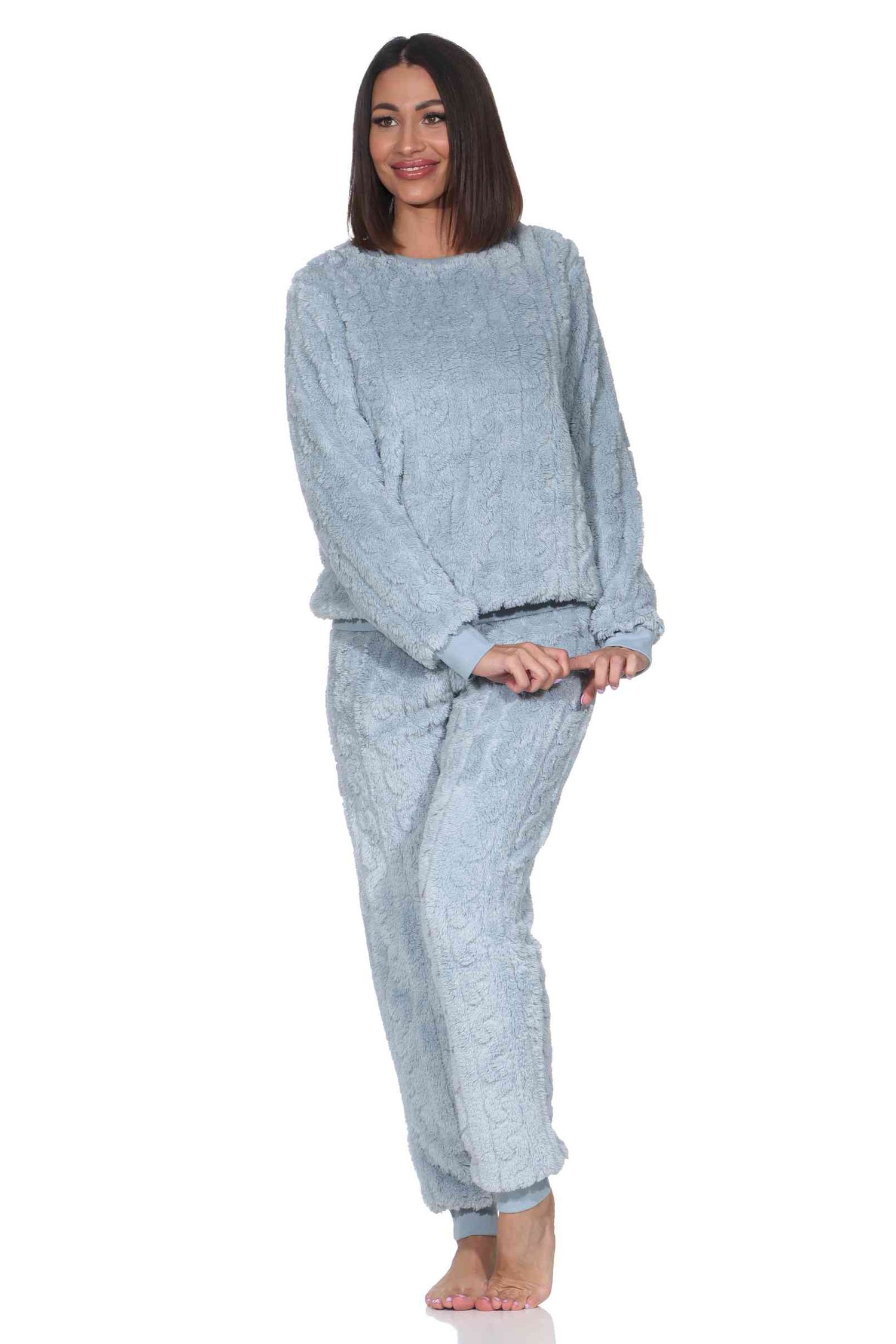 Damen langarm Schlafanzug Hausanzug mit Bündchen aus kuscheligen Sherpa-Fleece