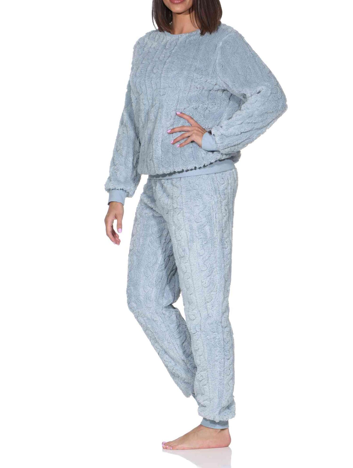 Damen langarm Schlafanzug Hausanzug mit Bündchen aus kuscheligen Sherpa-Fleece