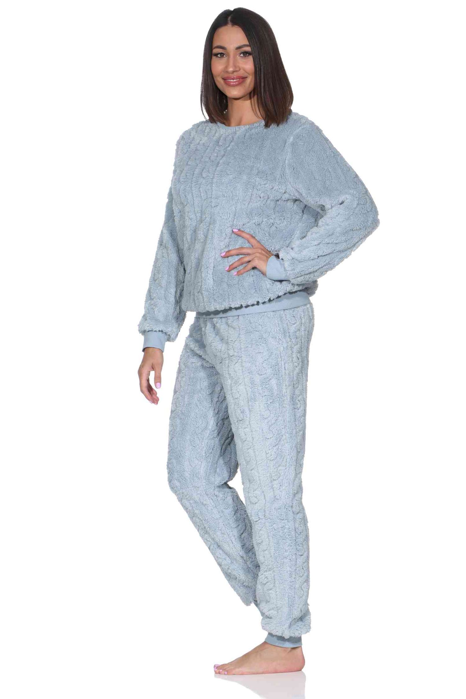 Damen langarm Schlafanzug Hausanzug mit Bündchen aus kuscheligen Sherpa-Fleece