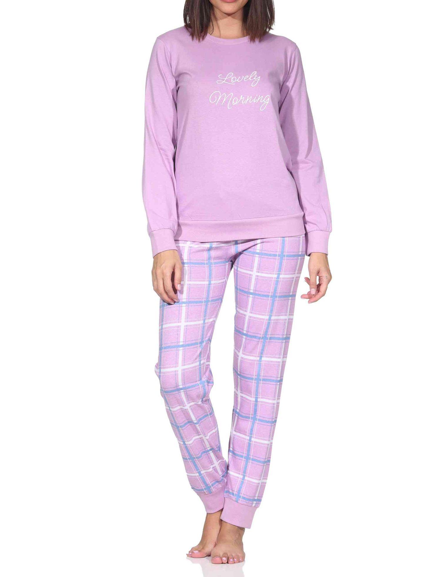 Normann Damen langarm Schlafanzug mit Bündchen Pyjama mit Jersey Hose in Karo Optik