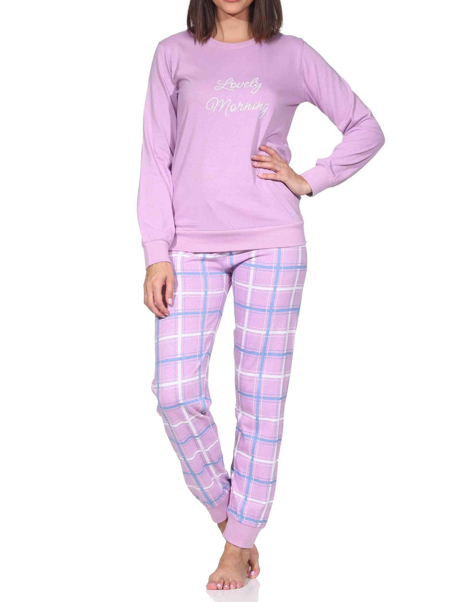 Normann Damen langarm Schlafanzug mit Bündchen Pyjama mit Jersey Hose in Karo Optik