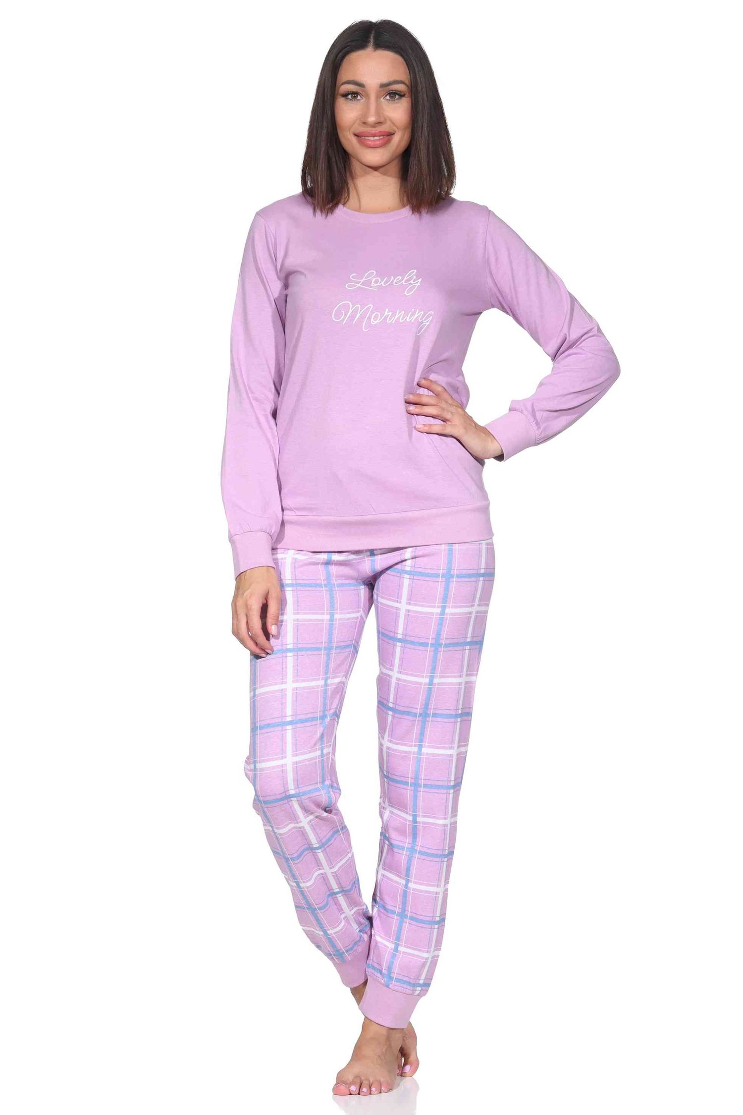 Normann Damen langarm Schlafanzug mit Bündchen Pyjama mit Jersey Hose in Karo Optik