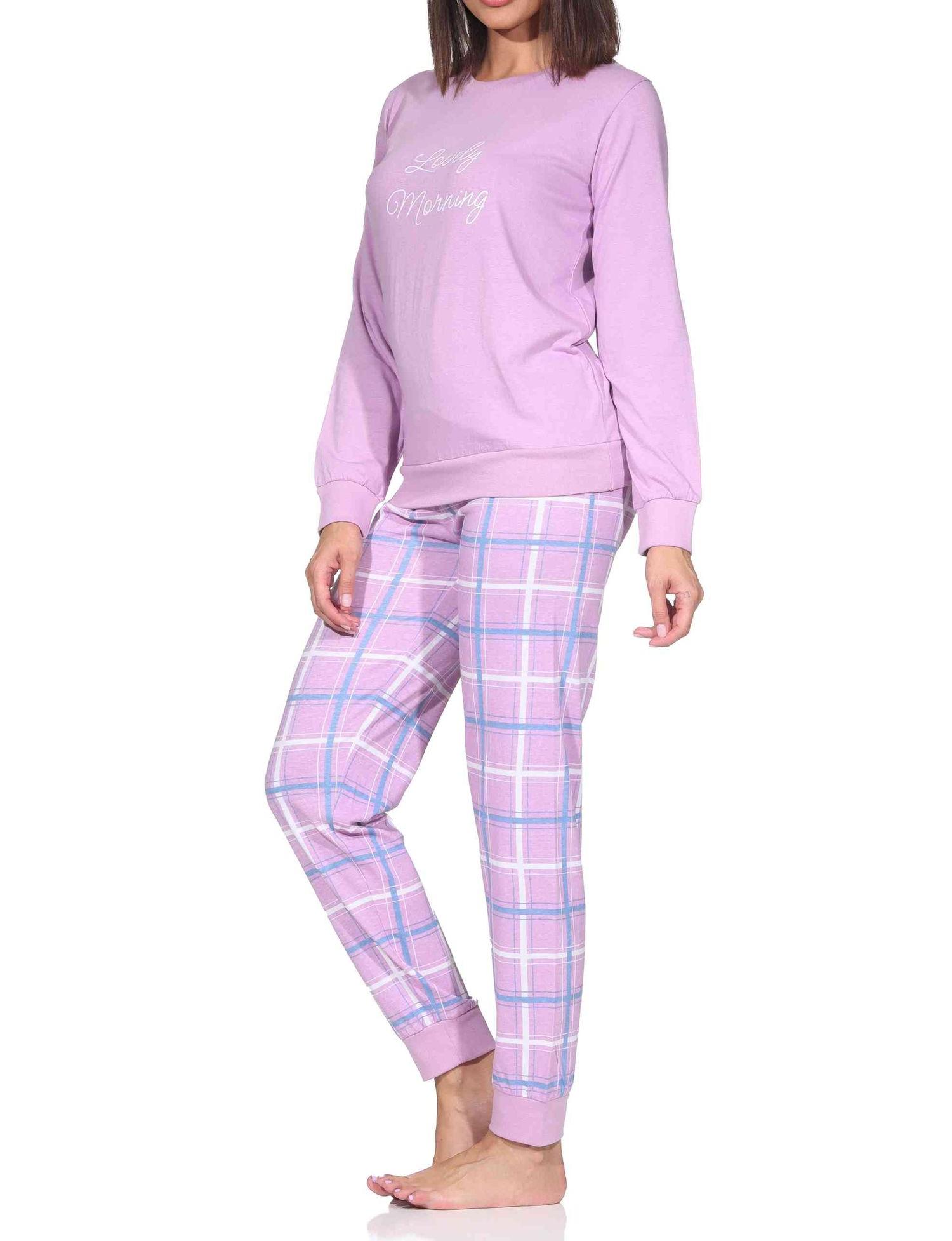 Normann Damen langarm Schlafanzug mit Bündchen Pyjama mit Jersey Hose in Karo Optik