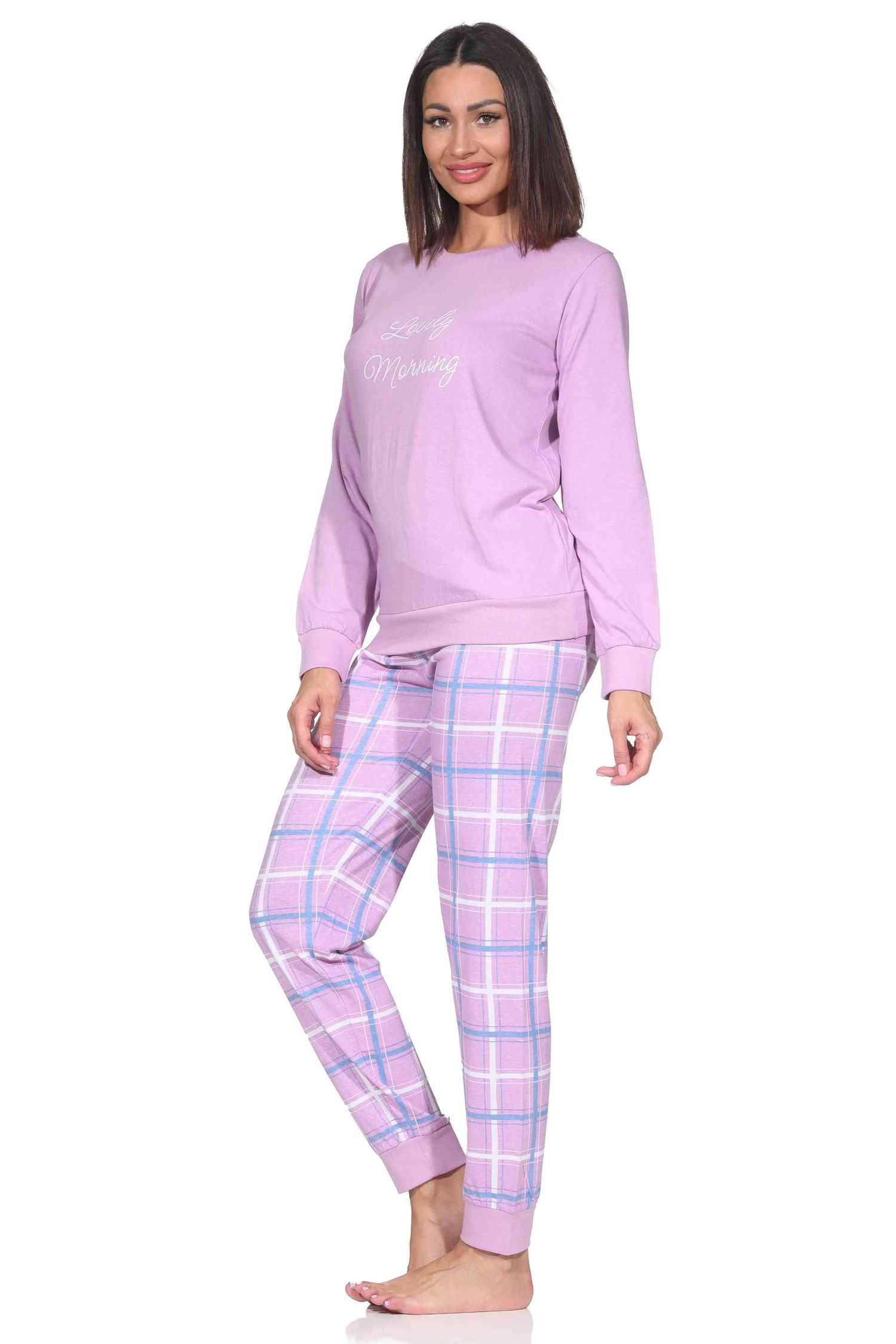 Normann Damen langarm Schlafanzug mit Bündchen Pyjama mit Jersey Hose in Karo Optik