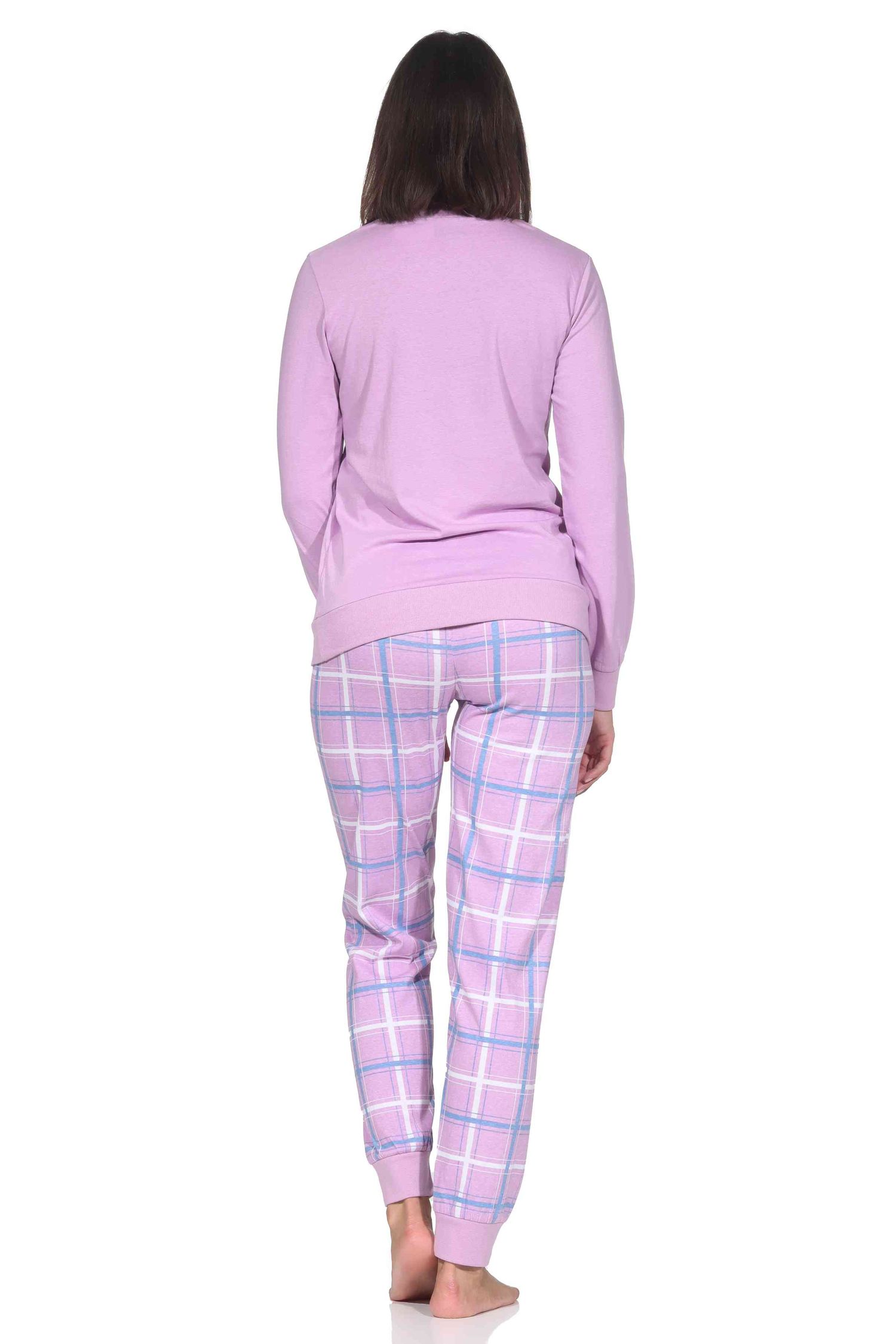 Normann Damen langarm Schlafanzug mit Bündchen Pyjama mit Jersey Hose in Karo Optik