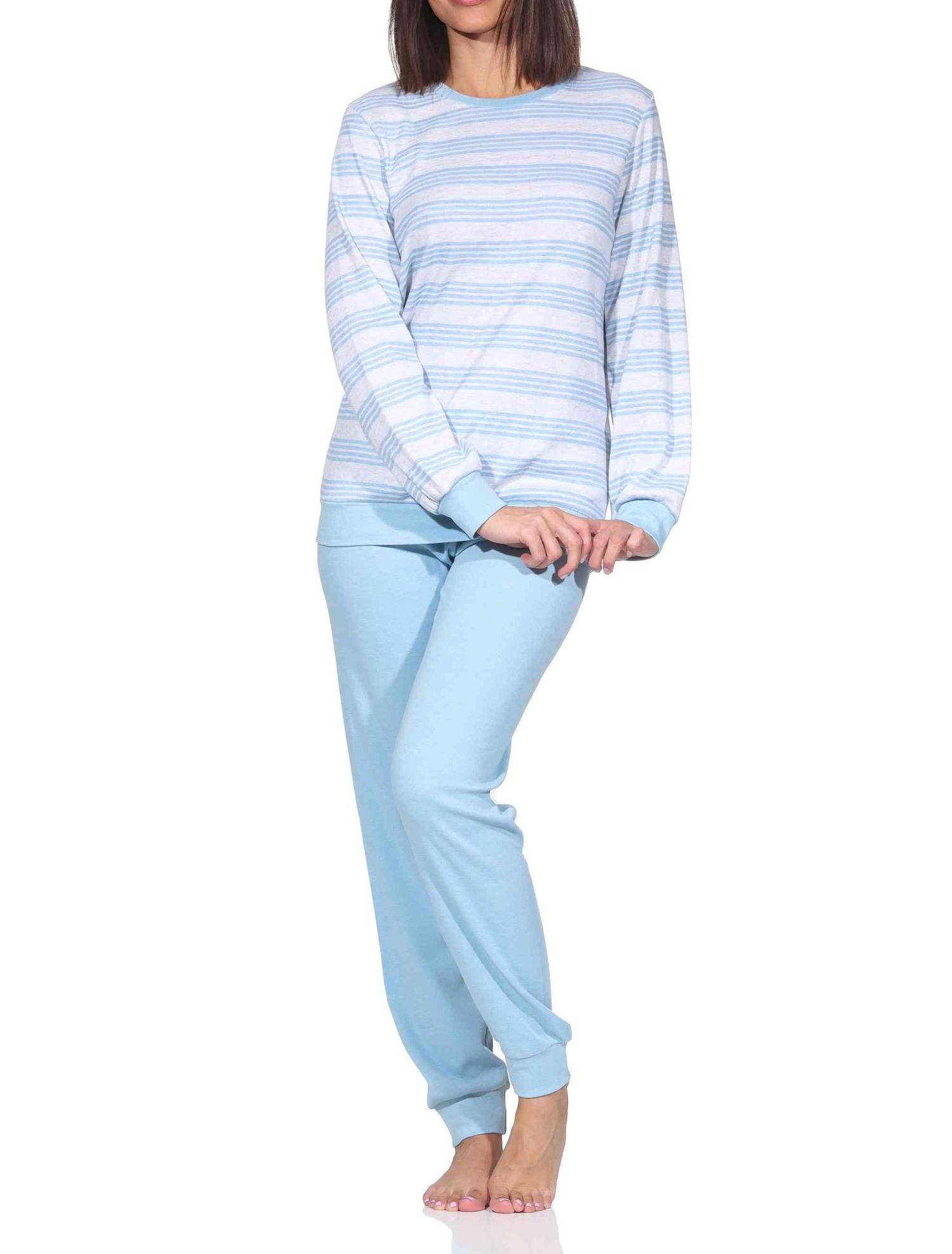 Normann Damen Schlafanzug langarm mit Bündchen in Kuschel Interlock Qualität Streifenoptik Normann Damen Schlafanzug langarm mit Bündchen in Kuschel Interlock Qualität Streifenoptik