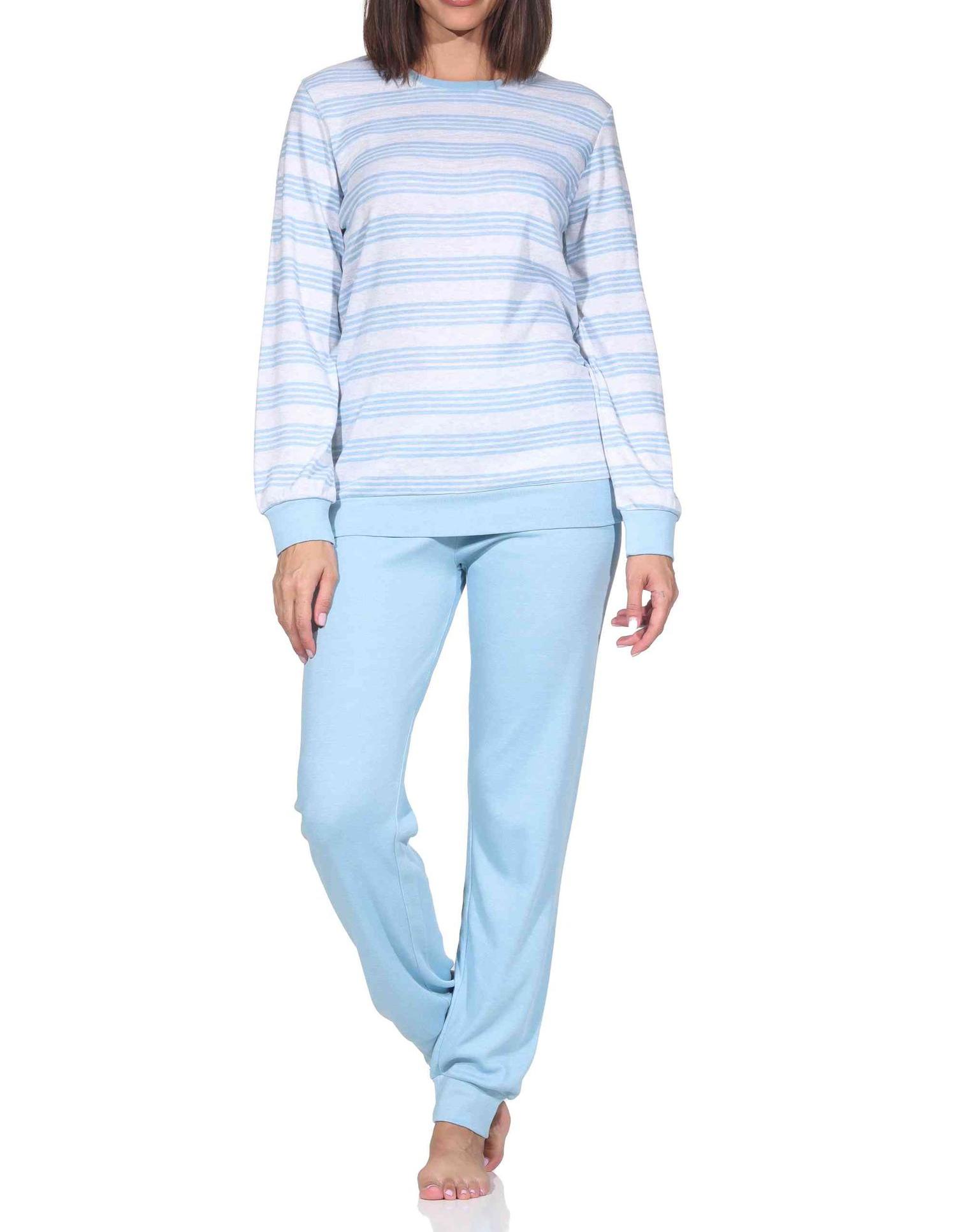 Normann Damen Schlafanzug langarm mit Bündchen in Kuschel Interlock Qualität Streifenoptik