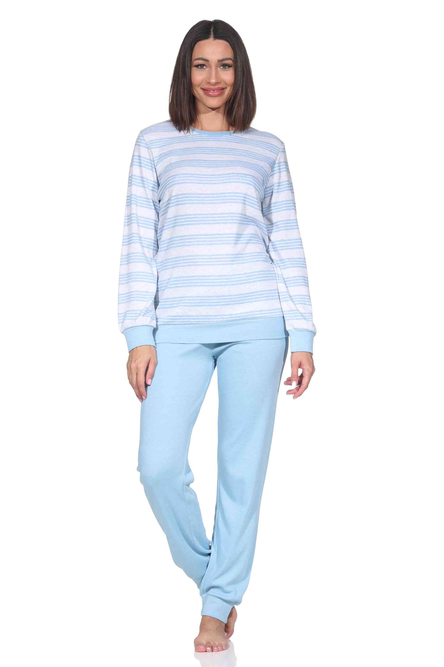 Normann Damen Schlafanzug langarm mit Bündchen in Kuschel Interlock Qualität Streifenoptik