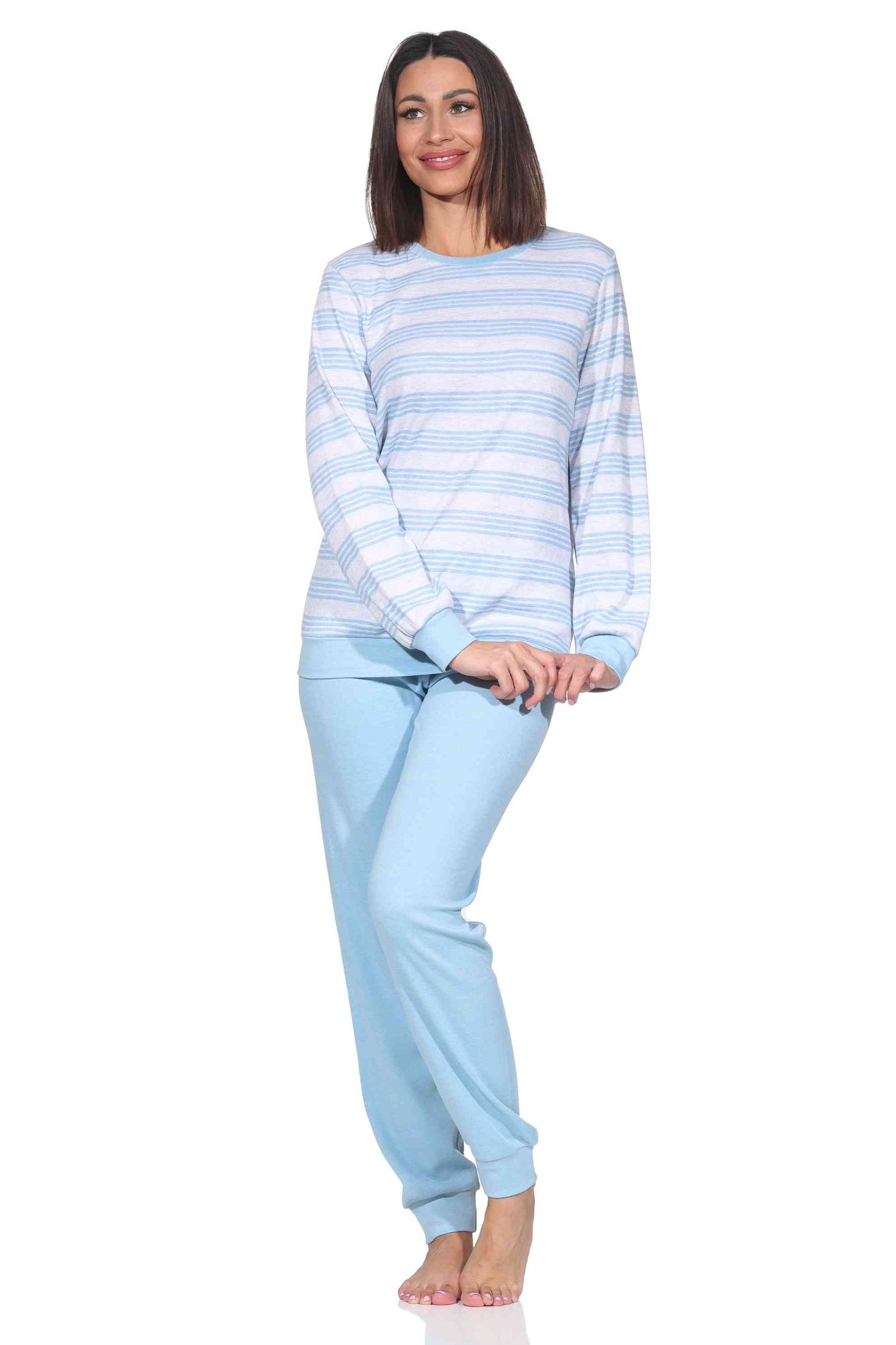 Normann Damen Schlafanzug langarm mit Bündchen in Kuschel Interlock Qualität Streifenoptik