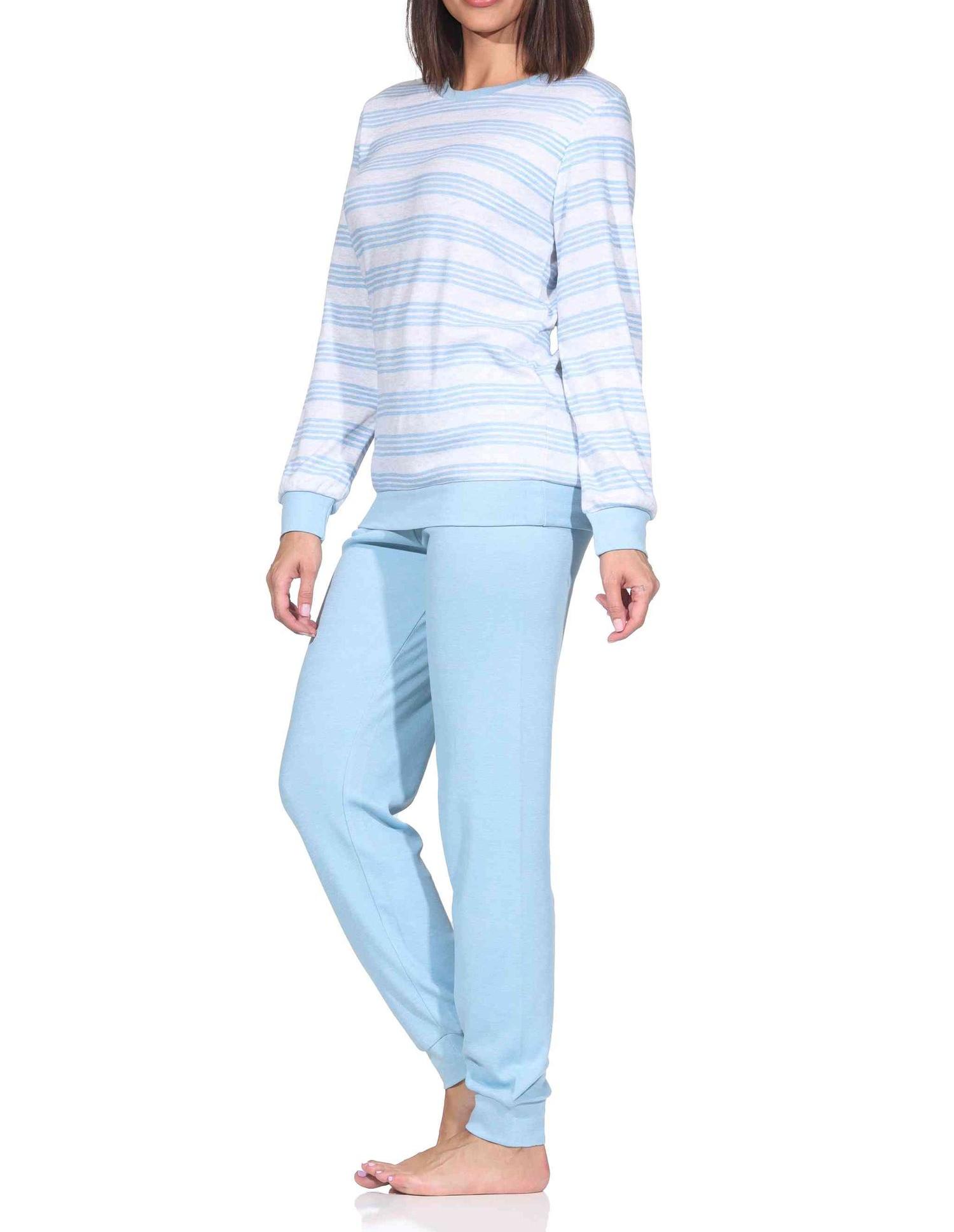 Normann Damen Schlafanzug langarm mit Bündchen in Kuschel Interlock Qualität Streifenoptik